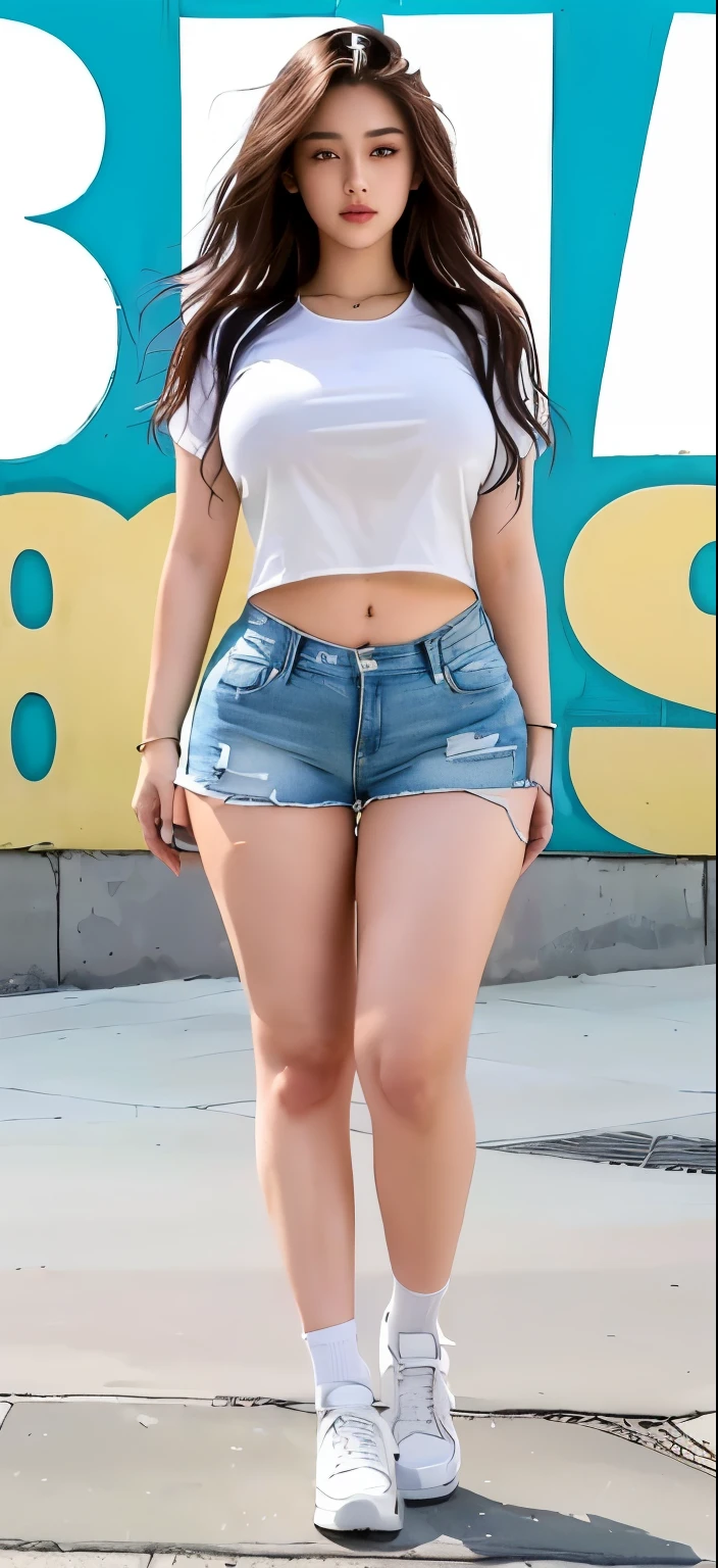 araffed slim woman in a white shirt and denim shorts walking on a sidewalk, sexy girl wearing shorts, widest hips, thick legs, slim woman, thighs, shorts, hot-pants, large thighs, skinny waist and thick hips, legs visible, exposed thighs, wearing denim short shorts, juicy legs, wears shorts, thick thighs, booty shorts
