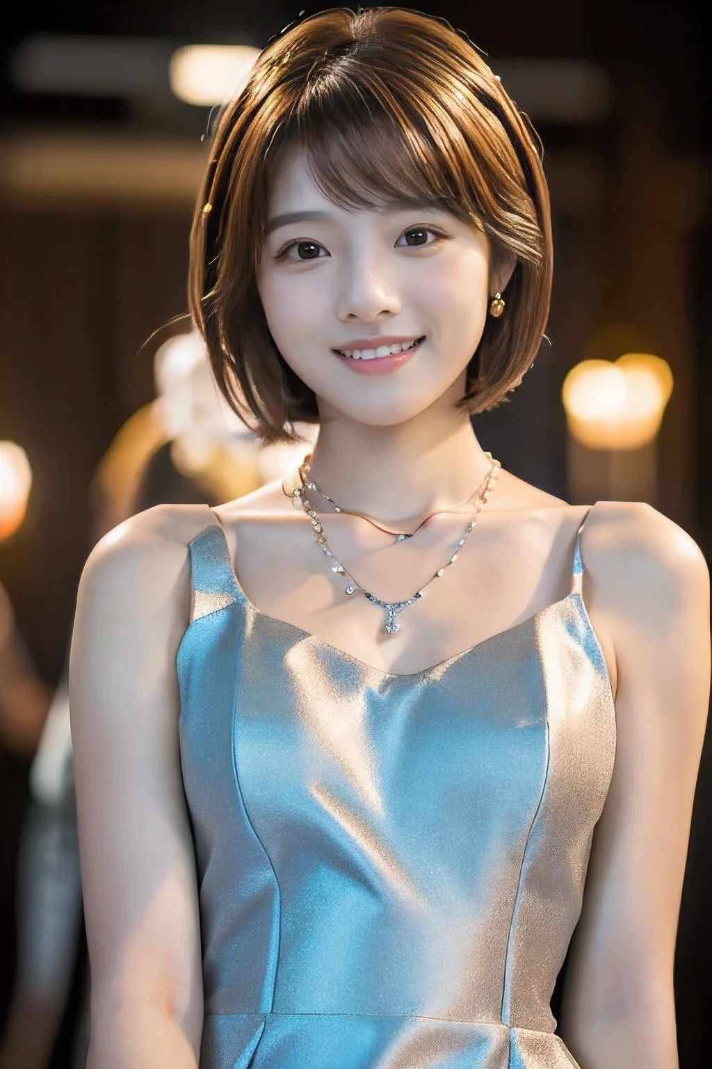(An 18-year-old woman at a party:1.5)、(Gentle smile:1.2)、(The best quality at its best:1.4), (Super detailed), (Very detailed CG unified 16k), Beautiful woman with perfect figure: 1.4, Sharp focus: 1.2, Very detailed, High-quality RAW color photos, Professional photography, Great face and eyes, cosmetics, (Amazingly beautiful girl), ((Formal party dress:1.5)), Sexy posture,(View from below), Realistic movie faces, Full body long view from head to toe, Realistic, ((Realistic natural orange red hairstyle)), ( Short Bob Hair:1.5), (necklace:1.5)、, Very beautiful face, Perfect model beauty, Mouth swelling, Highly detailed face and skin texture, Fine grain, double eyelid, Medium chest, smile, (masterpiece), highest quality, High resolution, Very detailed, Blurred Background, Depth of written boundary, Cinema Lighting, Great legs, , Clear, well-maintained skin,