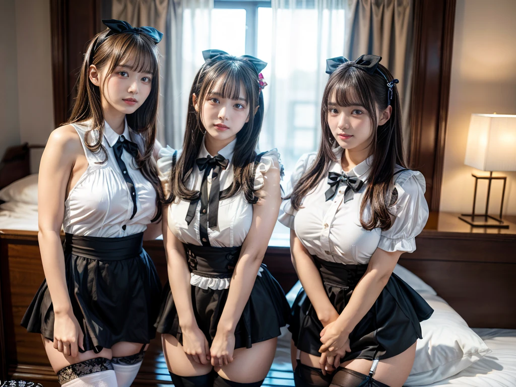 (8K, Raw photography, top-quality, masterpiece:1.2), master piece, best quality, illustration, Super detailed, fine details, High resolution, 8K,wall paper, perfect dynamic composition,(Details High quality, realistic depiction of eyes:1.3), ((2 girls, 2 schoolgirls)), huge breasts,The background is a luxury hotel room、(bow ribbon, Maid, knee high socks:1.3), Play with each other,Touching each other's bodies,Touching the body of the girl next door, short bob hair, black hair color, huge breasts, Big Natural Color Lip, bold sexy pose, (perfect body shape), crying a little, Beautiful makeup,glitter makeup,Cutest 18 years old, beautiful legs, hposing Gravure Idol, Voluptuous thighs