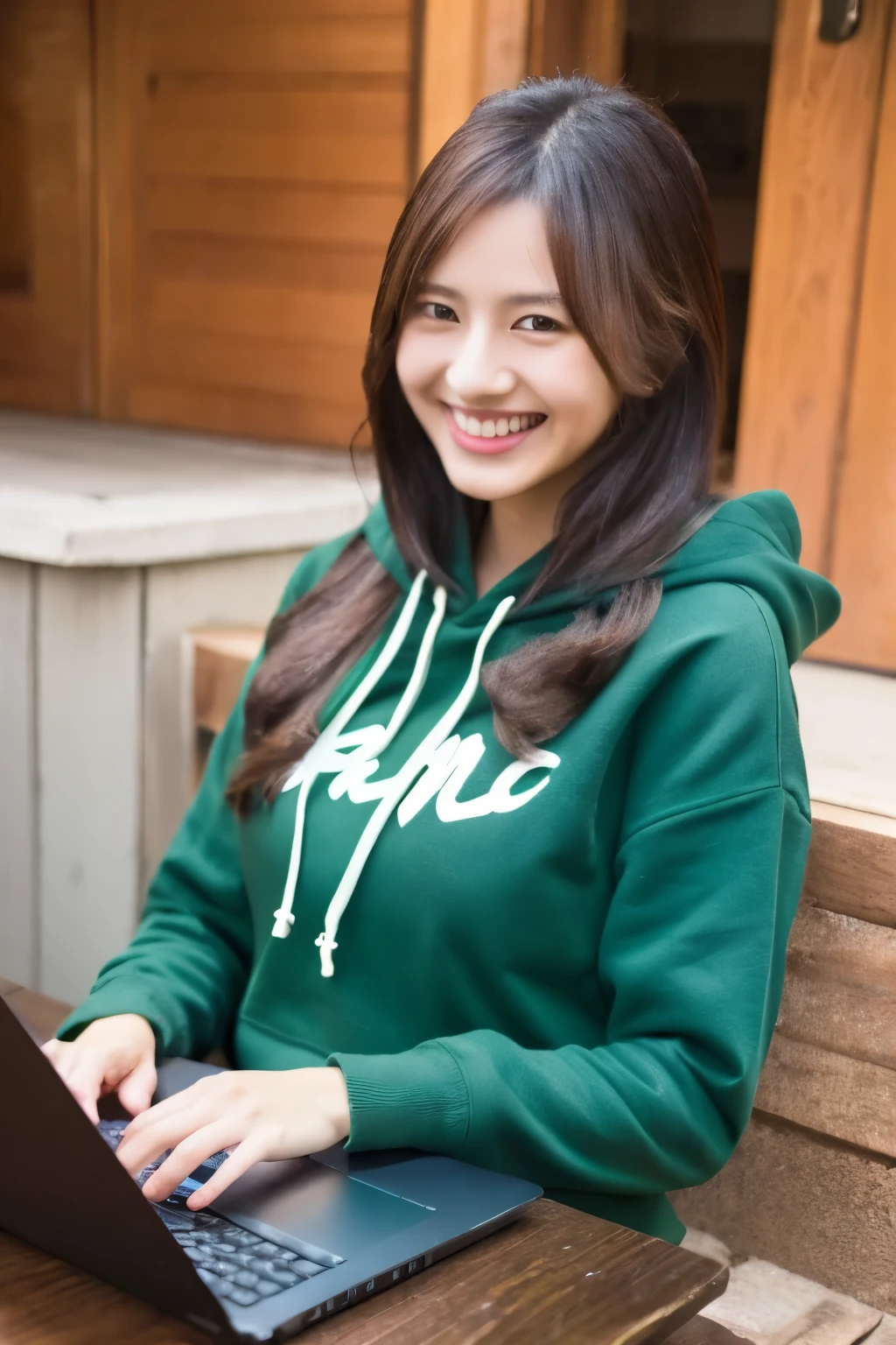 Japanese women, 40s, highest quality, Very detailed, High resolution, Emerald Green Hoodie, Holding an open laptop with both hands, smile,Clothing with the letters UMC