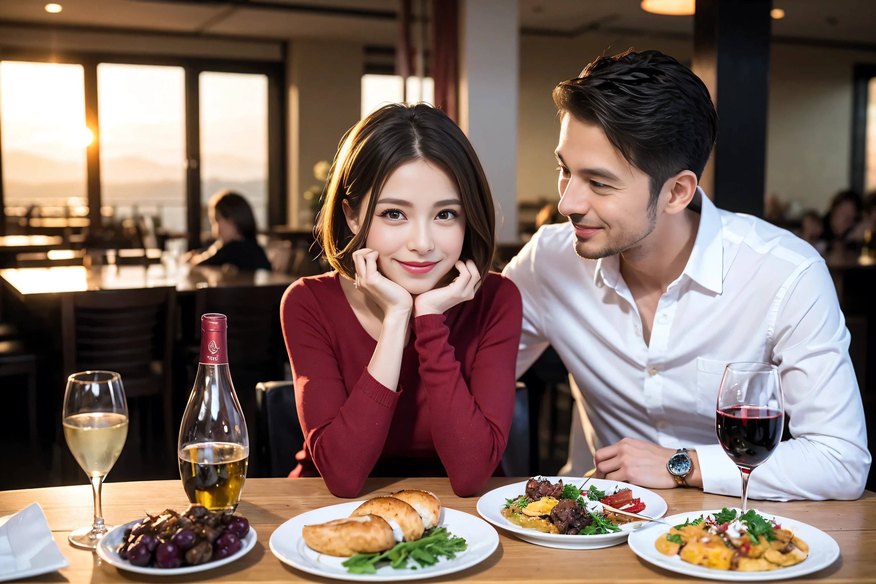 ((highest quality、8k、masterpiece:1.3))、1 male 1 female、lover、Beautiful couple、smile、full-course dinner、 (Slim face), (the body is スリム), (Brown Hair), (short hair), Wine glass on the table、Please shine a light on my face、 Amazing view of the sunset sky and clouds、 (Age 45), 39 years old, red wine 、Appetizers、Italian food、Wine bottle、Champagne、sparkling wine、Long sleeve shirt、dress、White wine, red wine, wine glass, 