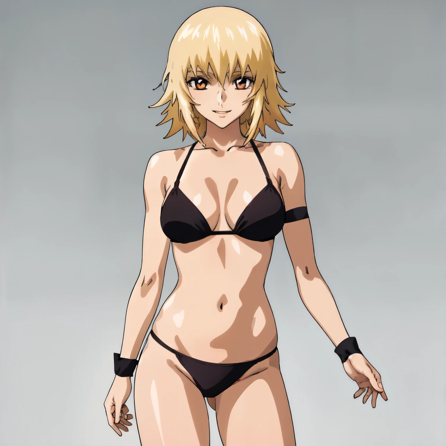 masterpiece, cowboy shot, 4K, Best Quality, Anime style: 1.9, best illustration, (official art), bold drawing lines, 1girl, cagalli, adult woman, tall woman, ultra detailed head, ultra detailed body,  blonde hair, official art, brown eyes, black bikini, smile, closed mouth, solo, looking at viewer, long belly, medium breasts, cleavage, standing, simple white background only, black arm band