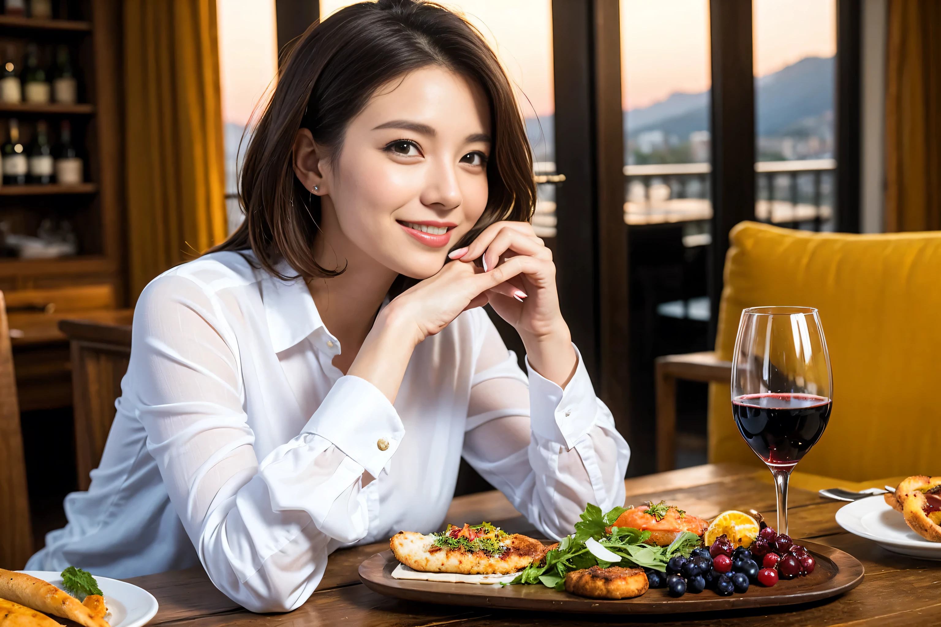 ((highest quality、8k、masterpiece:1.3))、1 male 1 female、lover、Beautiful couple、smile、full-course dinner、 (Slim face), (the body is スリム), (Brown Hair), (short hair), Wine glass on the table、Please shine a light on my face、 Amazing view of the sunset sky and clouds、 (Age 45), 39 years old, red wine 、Appetizers、Italian food、Wine bottle、Champagne、sparkling wine、Long sleeve shirt、dress、White wine, red wine, wine glass,