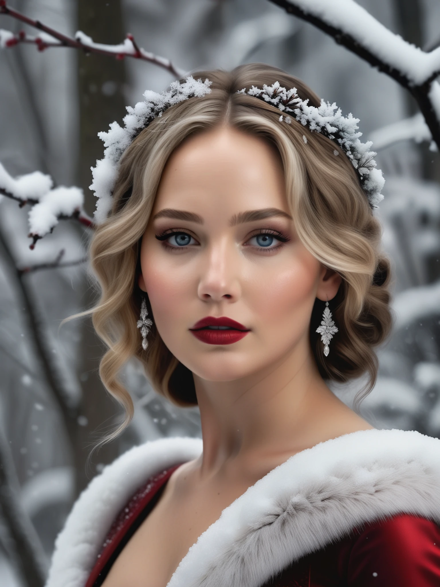 Looks like Jennifer Lawrence, stunning beauty, snow white queen, queen of the snowland, Jennifer Lawrence snow fae princess, eyeliner, beautiful eyes, photo real,  (8k, RAW photo, highest quality), hyper realistic, red ruby gemstone suit, hauntingly beautiful illustrations, fairytale-inspired, winter snow background, blurry background
 lora:add-detail-xl:1> "
 p