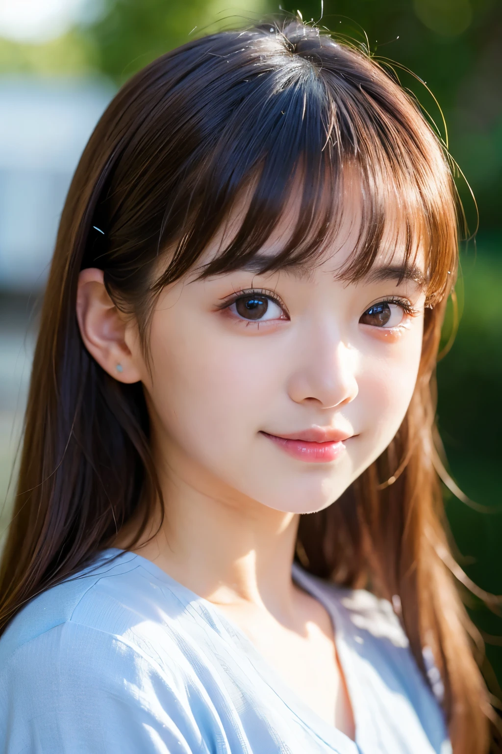 (Best-quality, Masterpiece, Ultra-High-Resolution, (Photorealistic:1.4), Raw Photo, depth of field, professional lighting, perfect anatomy, extremely details), 1girl, 15-years-old, the most famous Japanese idol, portrait, ((extremely cute realistic-face like the most popular Japanese idol, (extremely cute and extremely realistic big-eyes), extremely cute and extremely realistic hair)), (((extremely beautiful and extremely realistic skins))), extremely cute and extremely realistic long-eyelashes, extremely cute and extremely realistic lips, innocent smile