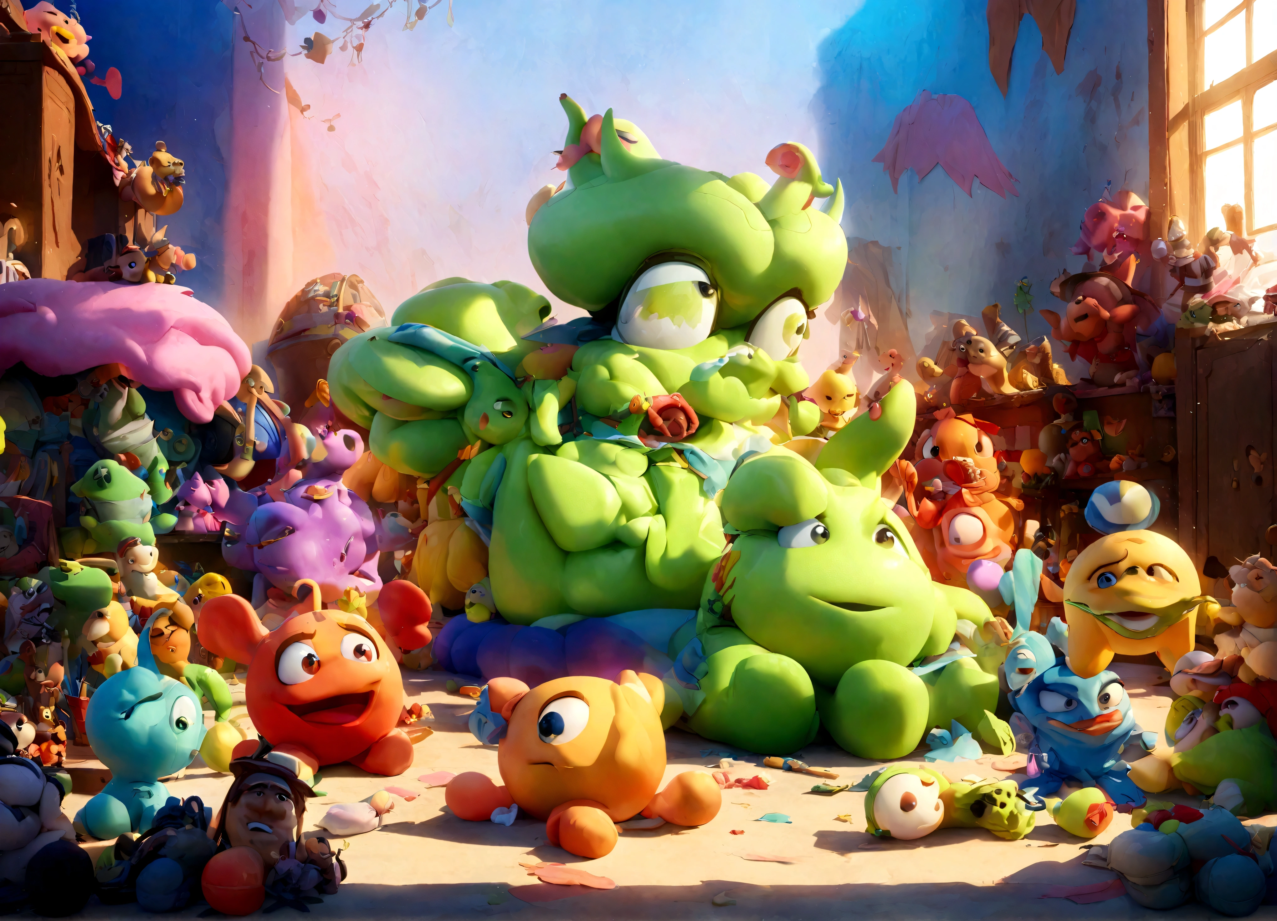 Pixar style plushy Cthulu rising from Andy's toybox to destroy the cast of Toy Story
