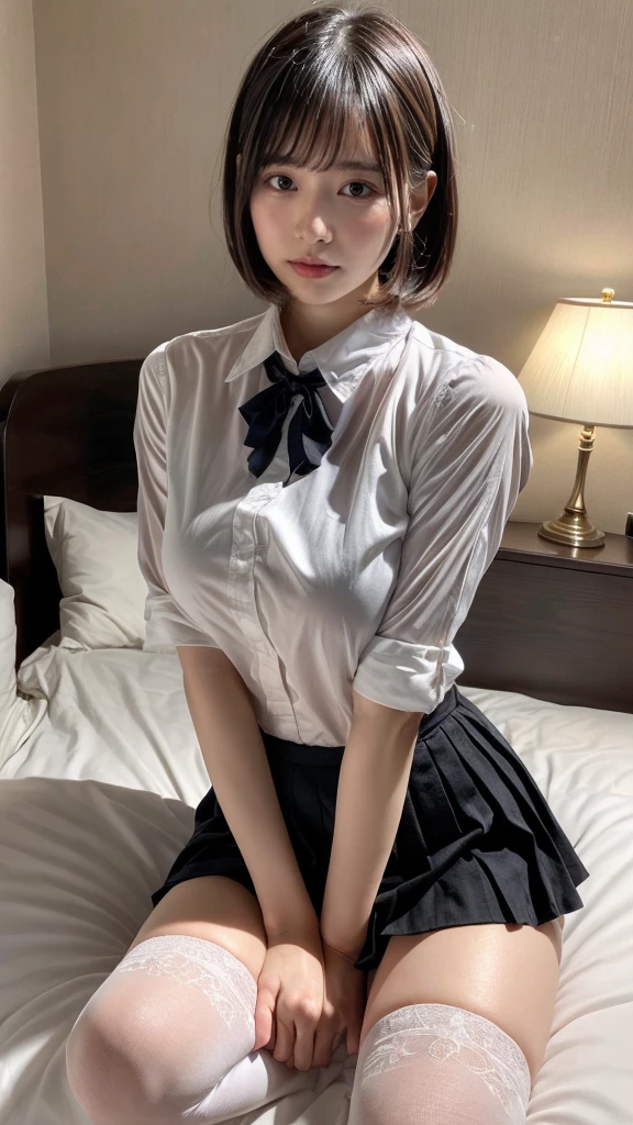 masterpiece, best quality, illustration, Super detailed, fine details, High resolution, 8K,wall paper, perfect dynamic composition,(Details High quality, realistic depiction of eyes:1.3), (collared shirt:1.1), pleated skirt, knee high socks, large breasts, short bob hair, black hair color, Big Natural Color Lip, bold sexy pose, (perfect body shape), crying a little、Harajuku style、20 year old girl、cute type、lolita、beautiful legs, hotel room, hposing Gravure Idol, (woman on top, straddling, sitting)