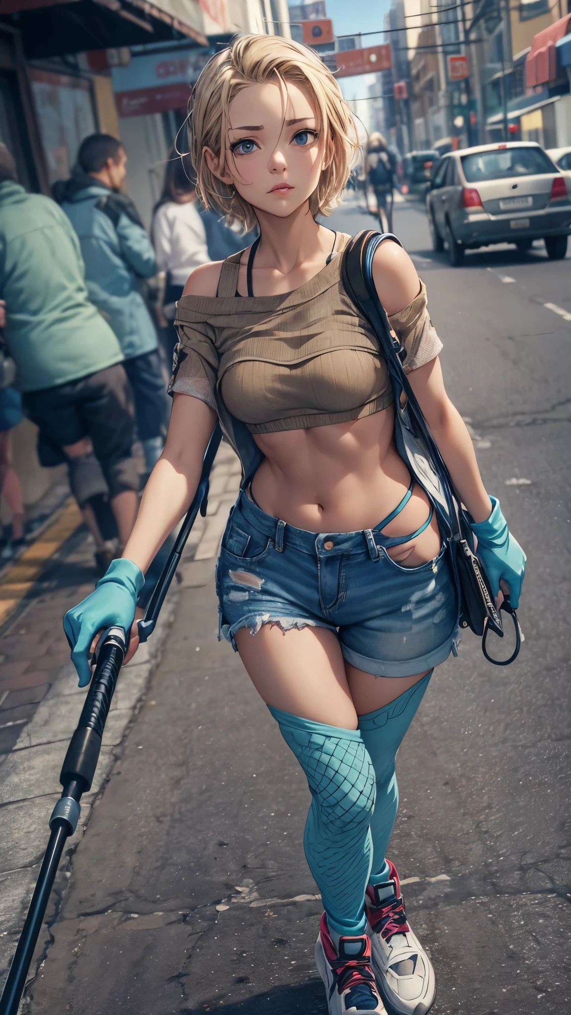 (Super detailed, realistic), streets scene, [Moderately:Oil], [Professional:1.1], [Physically based rendering], [bright colors], [sharp focus], [studio lighting], [extreme details], [highest quality,4k,8K,High resolution,masterpiece:1.2],(detailed face),outside the streets,((One 18-year-old woman)),(short blonde hair mixed  blue color),(dark),(painful),(disgusting),[nervous eyes],(casual ladies fashion,off shoulder,denim shorts,fishnet pantyhose),((socks,sneakers)),(gloves,knee pads),((she walks on crutches,the crutches’s length are from armpit,the crutches are putting on her side)),((her legs are inner side)).