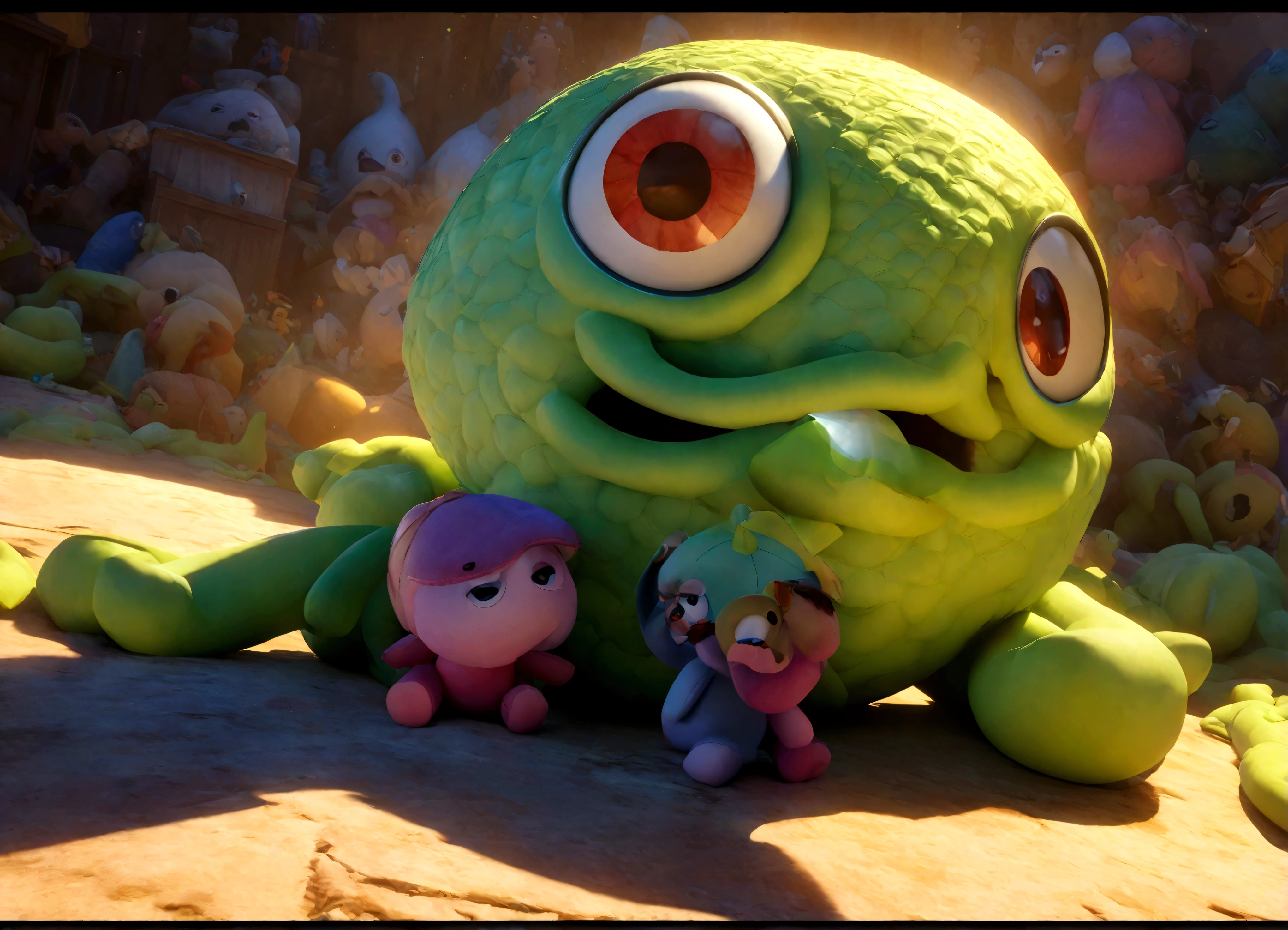 a plush Cthulhu creature emerging from Andy's toy box, Pixar style, Cthulhu destroying the Toy Story cast, extremely detailed, high quality, 3D render, hyperrealistic, cinematic lighting, vibrant colors, whimsical, cute, mischievous, intricate textures, soft fabric, stuffed toy, playful, dynamic pose, dramatic shadows, warm lighting, realistic shading, deep depth of field, beautifully detailed, seamless integration, striking composition, Pixar-esque aesthetic, masterpiece