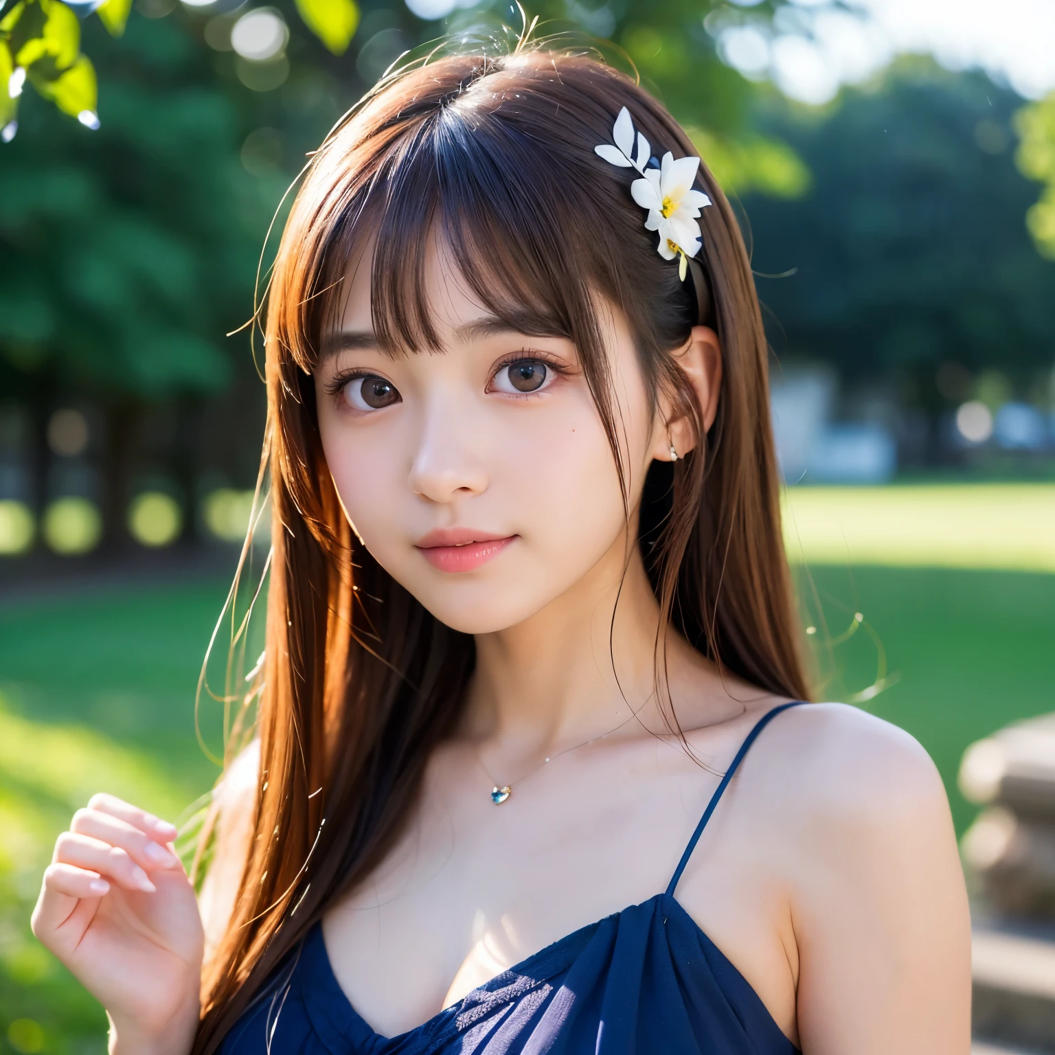 (Best-quality, Masterpiece, Ultra-High-Resolution, (Photorealistic:1.4), Raw Photo, depth of field, professional lighting, perfect , extremely details), 1girl, 15-years-old, the most famous Japanese idol, portrait, ((extremely cute realistic-face like the most popular Japanese idol, (extremely cute and extremely realistic big-eyes), extremely cute and extremely realistic hair)), (((extremely beautiful and extremely realistic skins))), extremely cute and extremely realistic long-eyelashes, extremely cute and extremely realistic lips, innocent smile