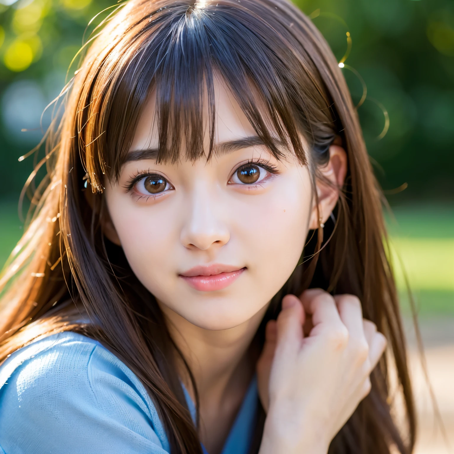 (Best-quality, Masterpiece, Ultra-High-Resolution, (Photorealistic:1.4), Raw Photo, depth of field, professional lighting, perfect anatomy, extremely details), 1girl, 15-years-old, the most famous Japanese idol, portrait, ((extremely cute realistic-face like the most popular Japanese idol, (extremely cute and extremely realistic big-eyes), extremely cute and extremely realistic hair)), (((extremely beautiful and extremely realistic skins))), extremely cute and extremely realistic long-eyelashes, extremely cute and extremely realistic lips, innocent smile