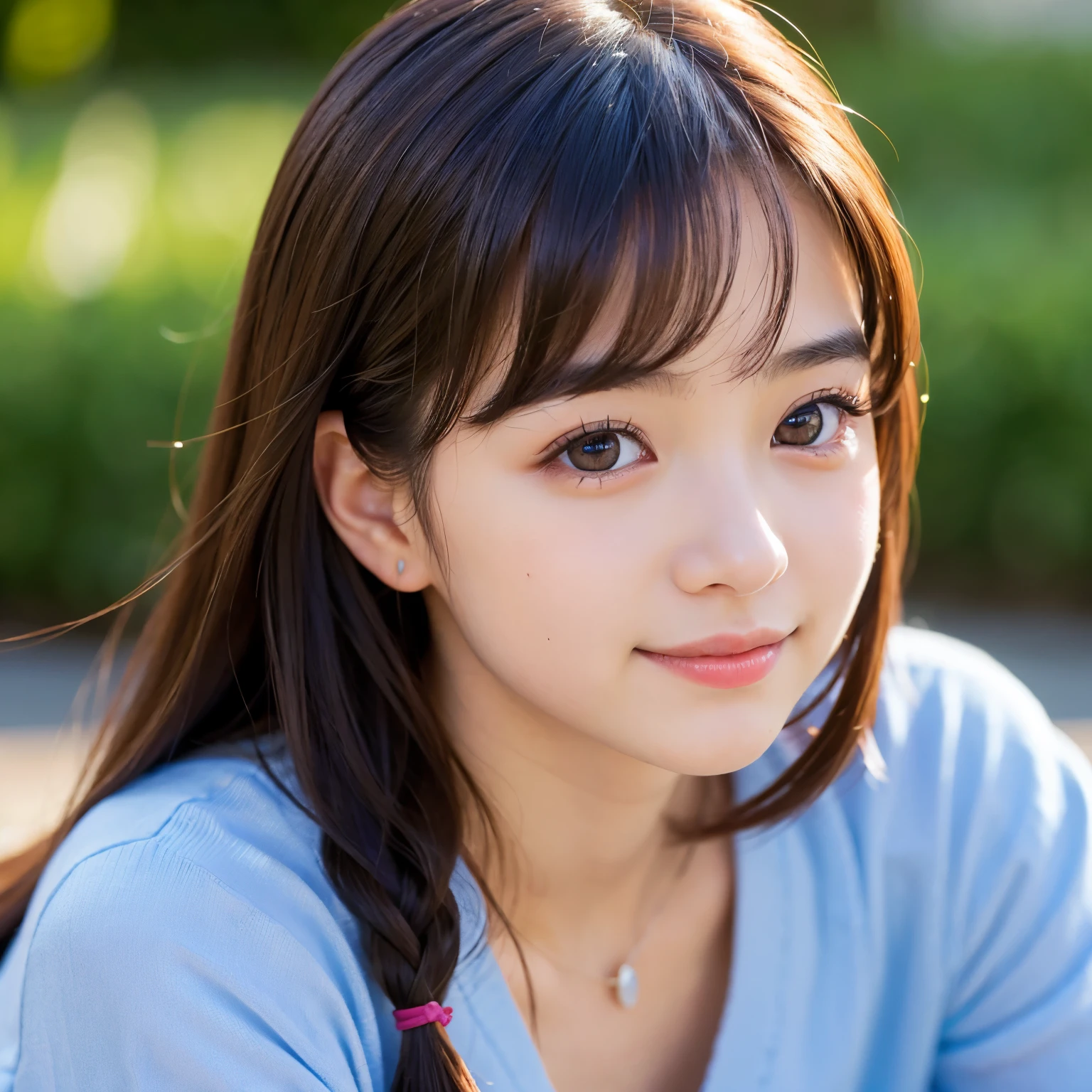 (Best-quality, Masterpiece, Ultra-High-Resolution, (Photorealistic:1.4), Raw Photo, depth of field, professional lighting, perfect anatomy, extremely details), 1girl, 15-years-old, the most famous Japanese idol, portrait, ((extremely cute realistic-face like the most popular Japanese idol, (extremely cute and extremely realistic big-eyes), extremely cute and extremely realistic hair)), (((extremely beautiful and extremely realistic skins))), extremely cute and extremely realistic long-eyelashes, extremely cute and extremely realistic lips, innocent smile