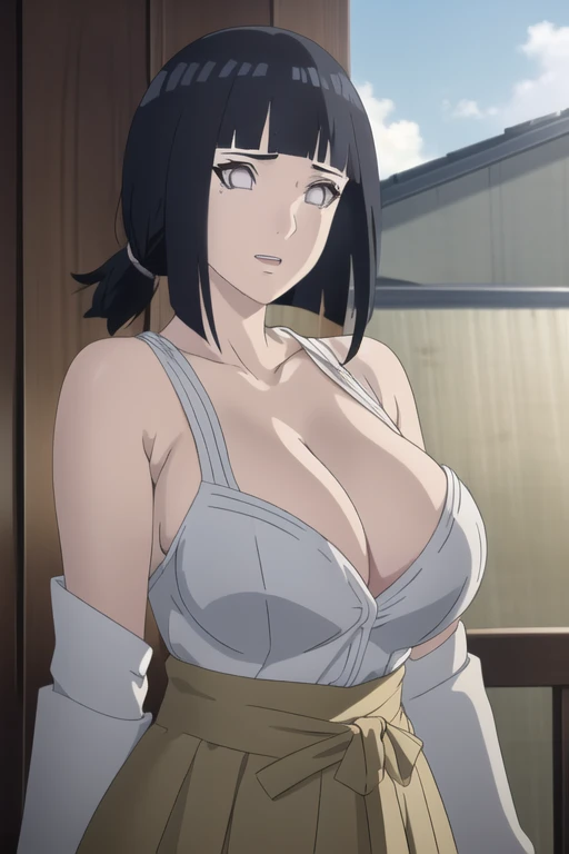 Anime Screenshots, masterpiece,beautiful detailed glow,Best to illuminate, extremely detailed CG unity 8k wallpaper, The best light,high resolution,detailed,Dynamic Lighting,super detailed skin,Intricate details, Super detailed, Crisp details,detailed, High resolution, Intricate details,(Exquisite facial features:1.3), 1 Girl, Hinata\(Poruto\, Solitary, Cowboy shooting, (Ponytail:1.2),Solitary, curved, 巨Large targetbreast, Thick thighs, Bare thighs, Become a, full, Line control braking, White shirt, Female students_:1.2, outdoor,Cloudy sky, (beautiful,Large target_breast:1.4), (beautiful_Face:1.5),(narrow_waist),(energetic_color:1.2), close_Mouth(((full的breast,)))(((大breast))) (((Cleavage))),