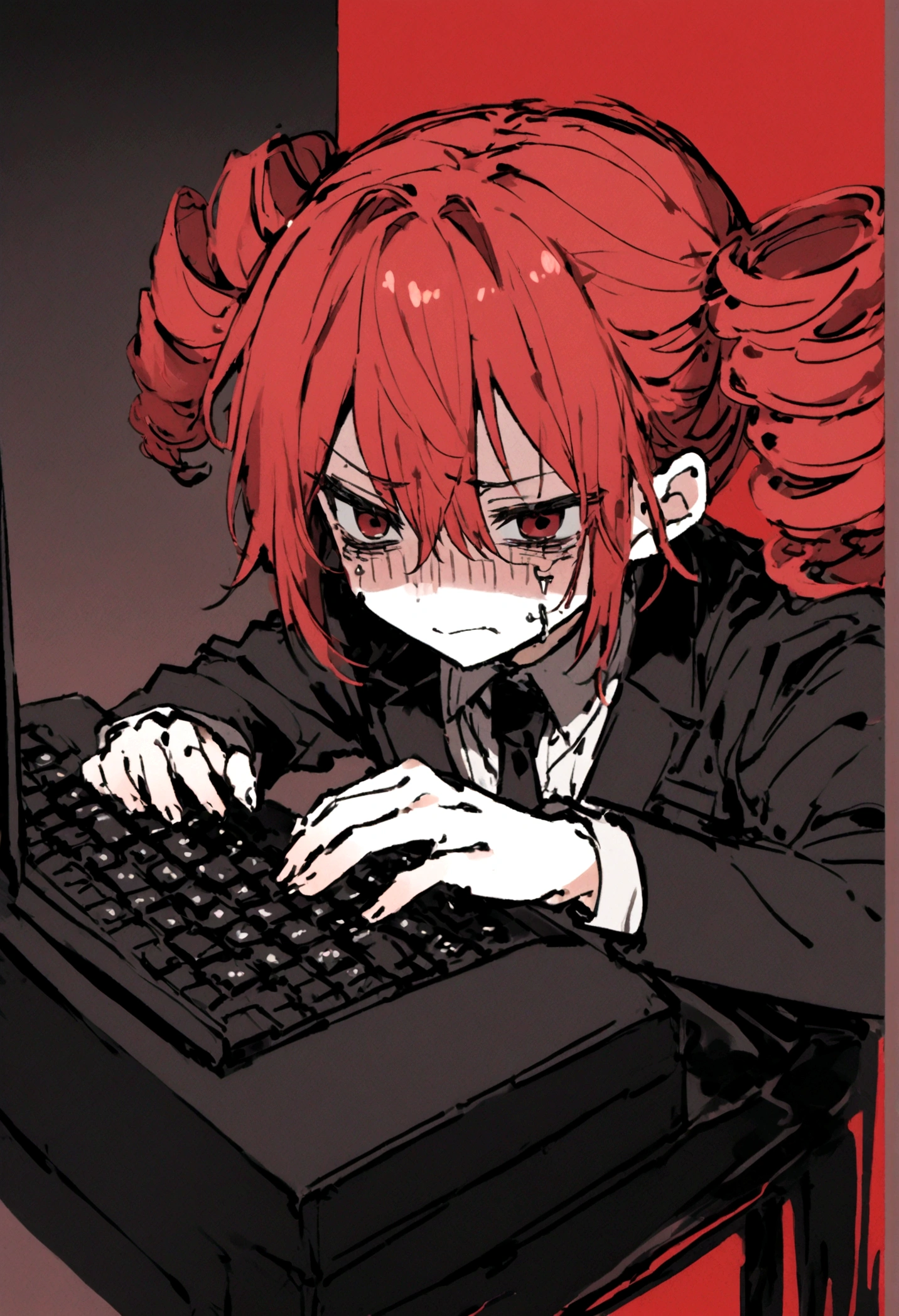 Red hair、Black Suit、Painful face、Sit in front of your computer、Typing