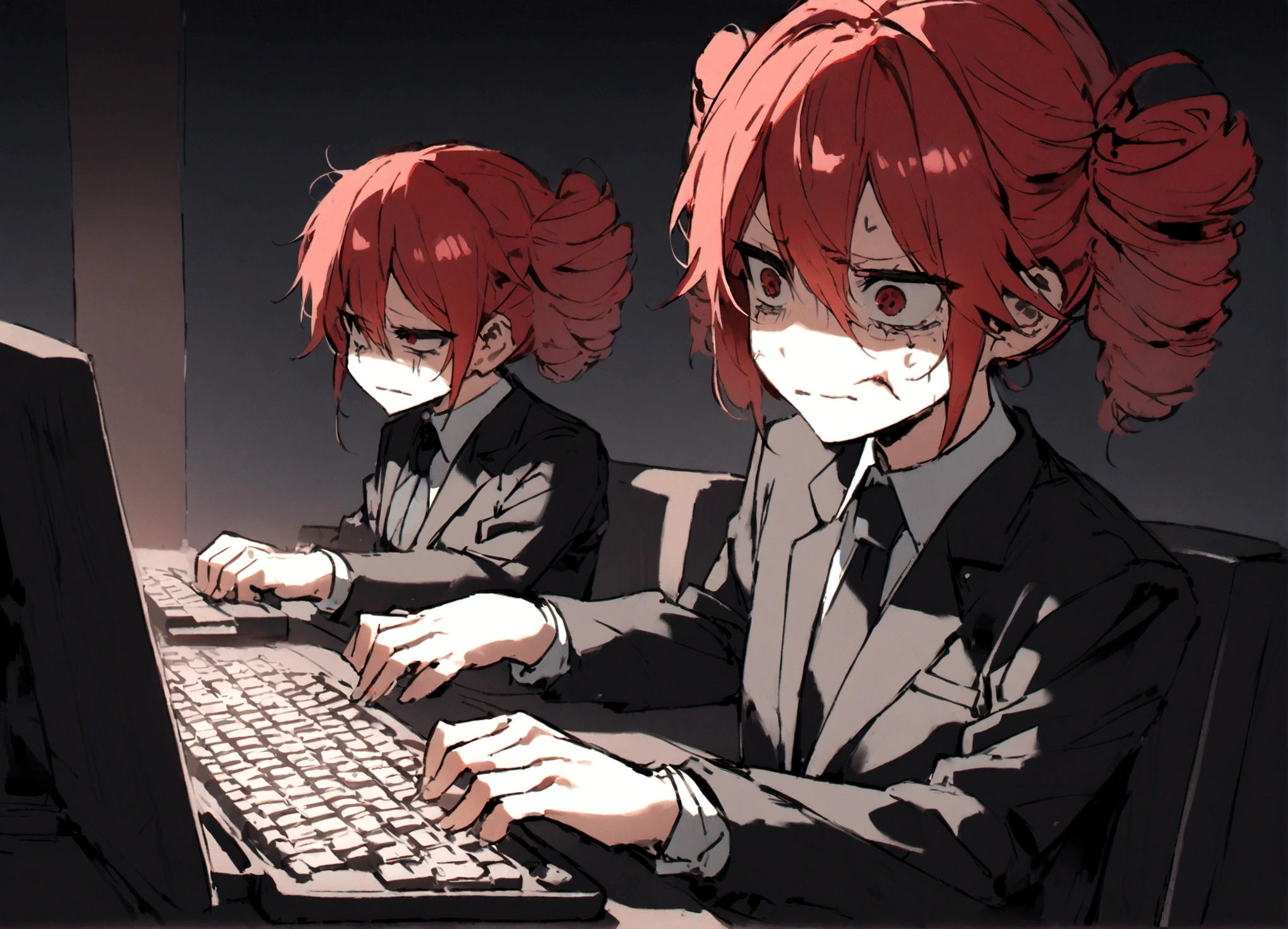 Red hair、Black Suit、Painful face、Sit in front of your computer、Typing
