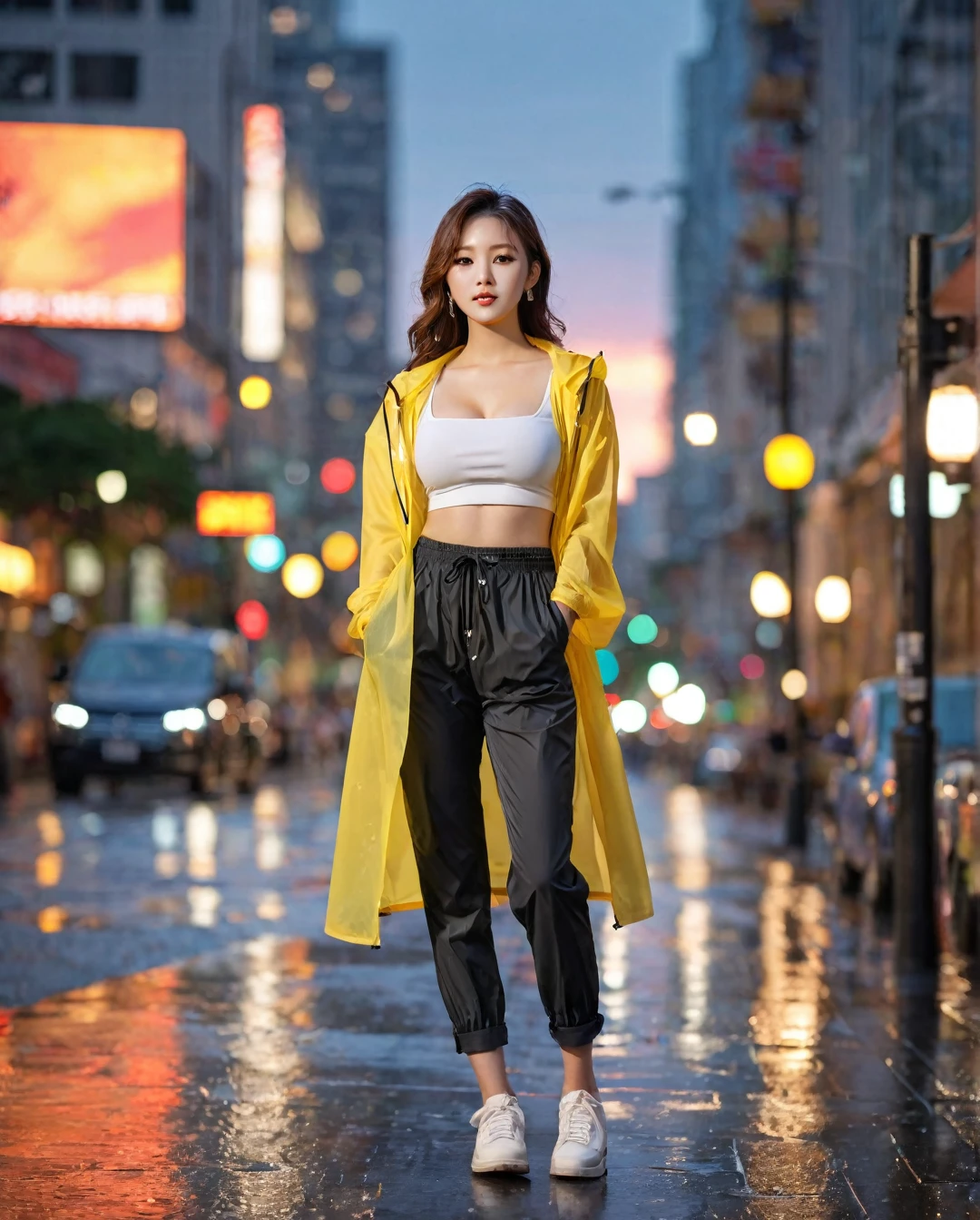 Full body of beautiful korean female, 34 inch  size, wearing crop tank top, and rolled sleeves unzipp raincoat, pants, in the city, sunset light, bokeh background, UHD