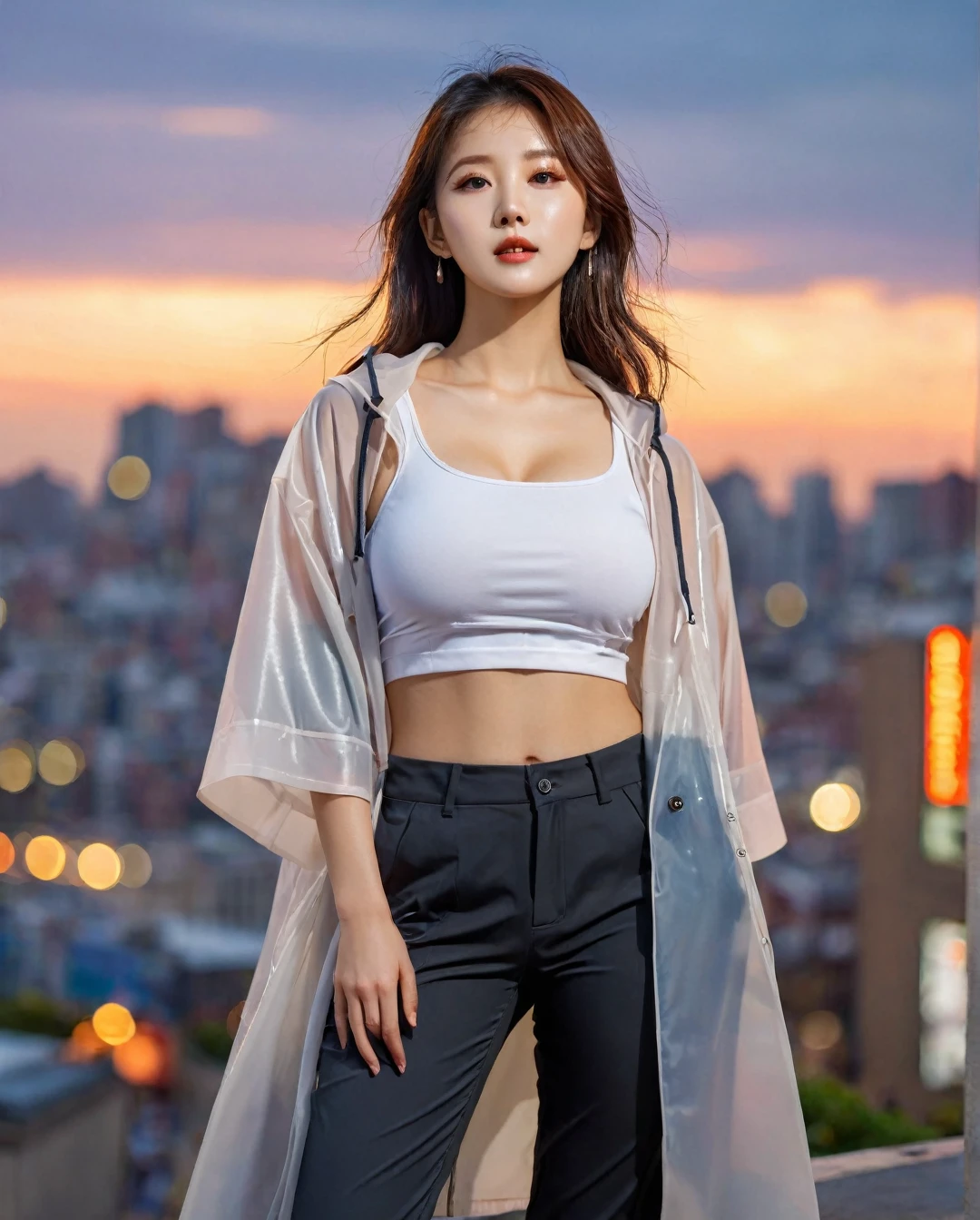 Full body of beautiful korean female, 34 inch breasts size, wearing crop tank top, and rolled sleeves unzipp raincoat, pants, in the city, sunset light, bokeh background, UHD