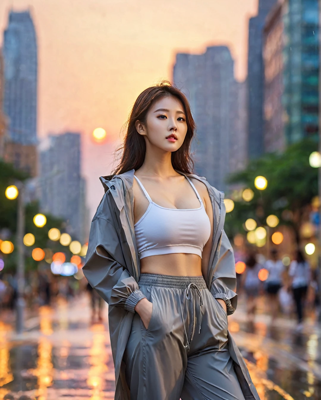 Full body of beautiful korean female, 34 inch breasts size, wearing crop tank top, and rolled sleeves unzipp raincoat, pants, in the city, sunset light, bokeh background, UHD