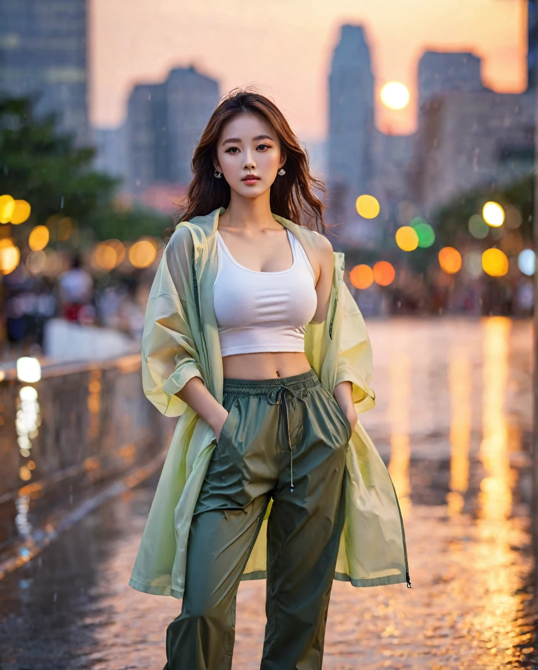 Full body of beautiful korean female, 34 inch breasts size, wearing crop tank top, and rolled sleeves unzipp raincoat, pants, in the city, sunset light, bokeh background, UHD