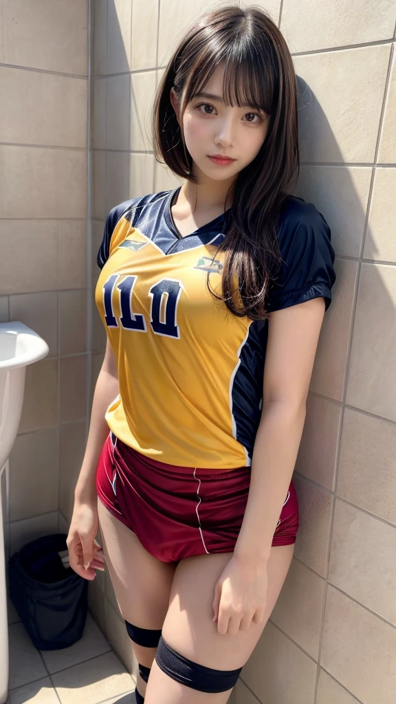 masterpiece, best quality, illustration, Super detailed, fine details, High resolution, 8K,wall paper, perfect dynamic composition,(Details High quality, realistic depiction of eyes:1.3), restroom, (urinal), kneeing, (short hair volleyball player, Volleyball Uniforms), Tight clothes, , medium breasts, black hair color, Big Natural Color Lip, bold sexy pose, (perfect body shape), Do gal makeup, sexy face, Harajuku style、20 year old girl、cute type、lolita、beautiful legs, hposing Gravure Idol
