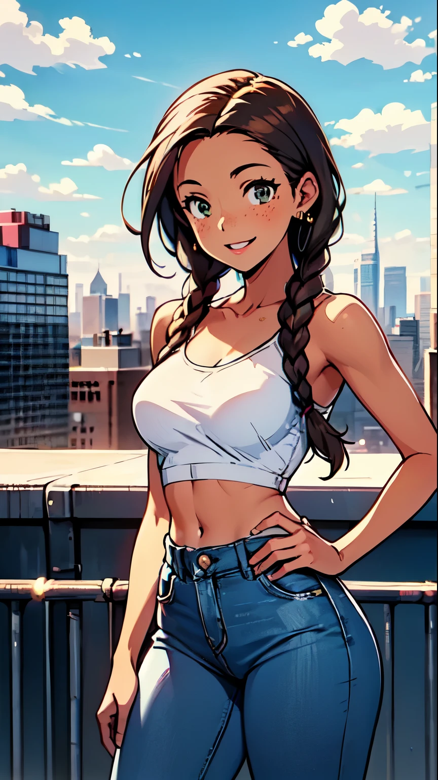 Girl with black skin, braided brown hair, Box braids, black eyes, smiling, super tight jeans big hips, hands down, black bra, white tube top , small breasts, white top, bare shoulders, big circle gold earrings, freckles, big lips, on a rooftop, nyc skyline in the background, blue skies big clouds