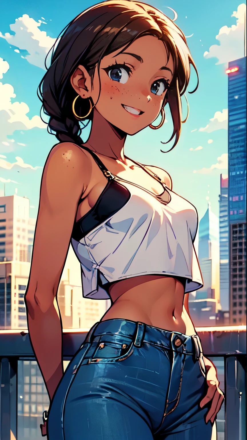 Girl with black skin, braided brown hair, Box braids, black eyes, smiling, super tight jeans big hips, hands down, black bra, white tube top , small breasts, white top, bare shoulders, big circle gold earrings, freckles, big lips, on a rooftop, nyc skyline in the background, blue skies big clouds