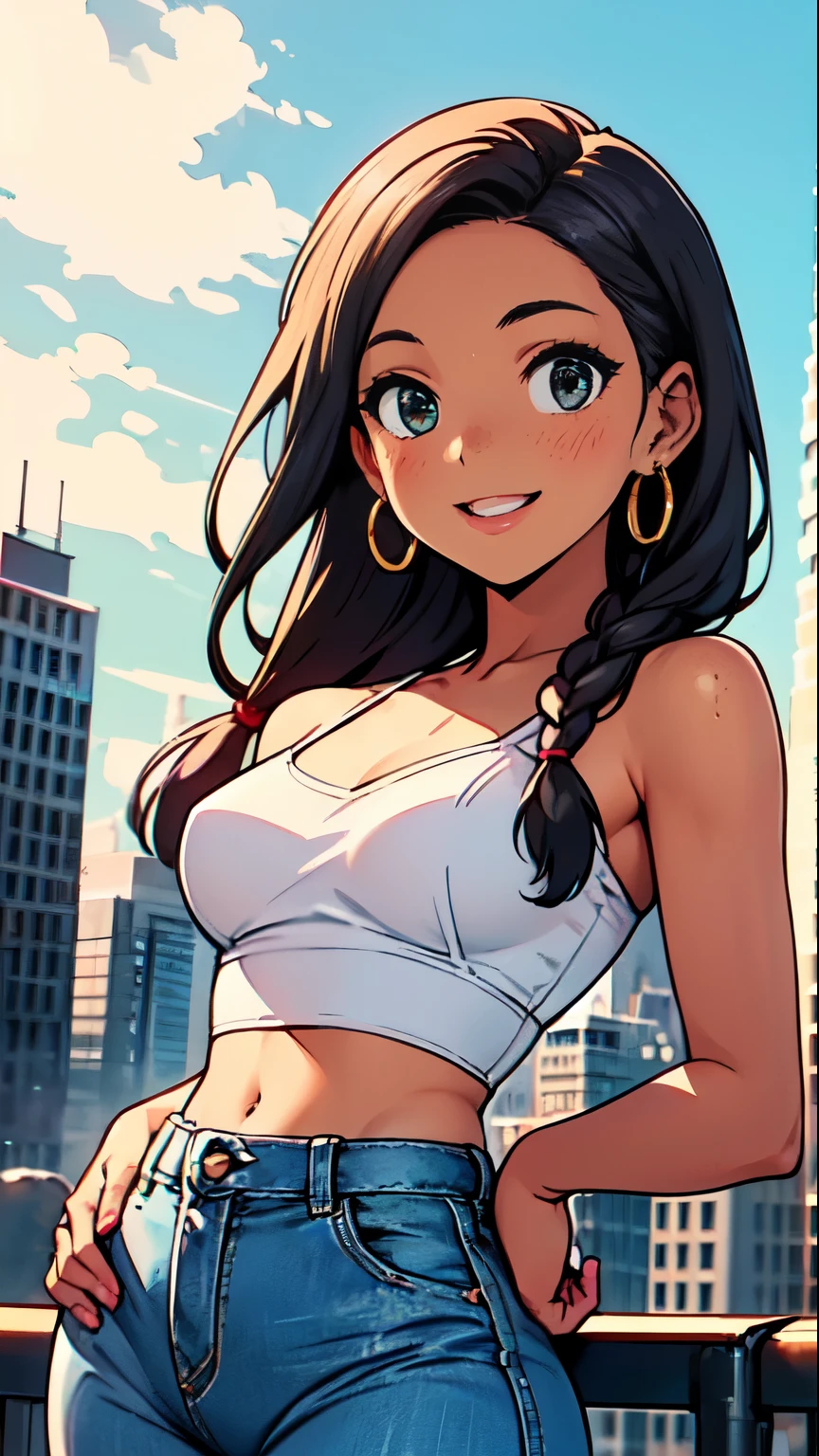 Girl with black skin, braided brown hair, Box braids, black eyes, smiling, super tight jeans big hips, hands down, black bra, white tube top , small breasts, white top, bare shoulders, big circle gold earrings, freckles, big lips, on a rooftop, nyc skyline in the background, blue skies big clouds