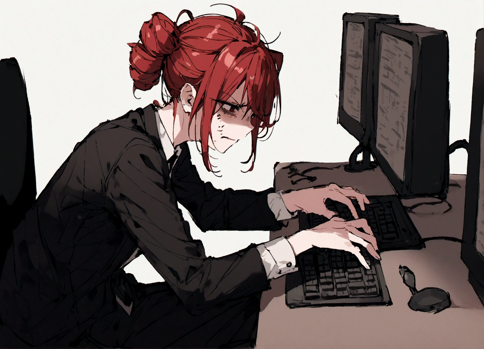 Red hair、Black Suit、Painful face、Sit in front of your computer、Typing