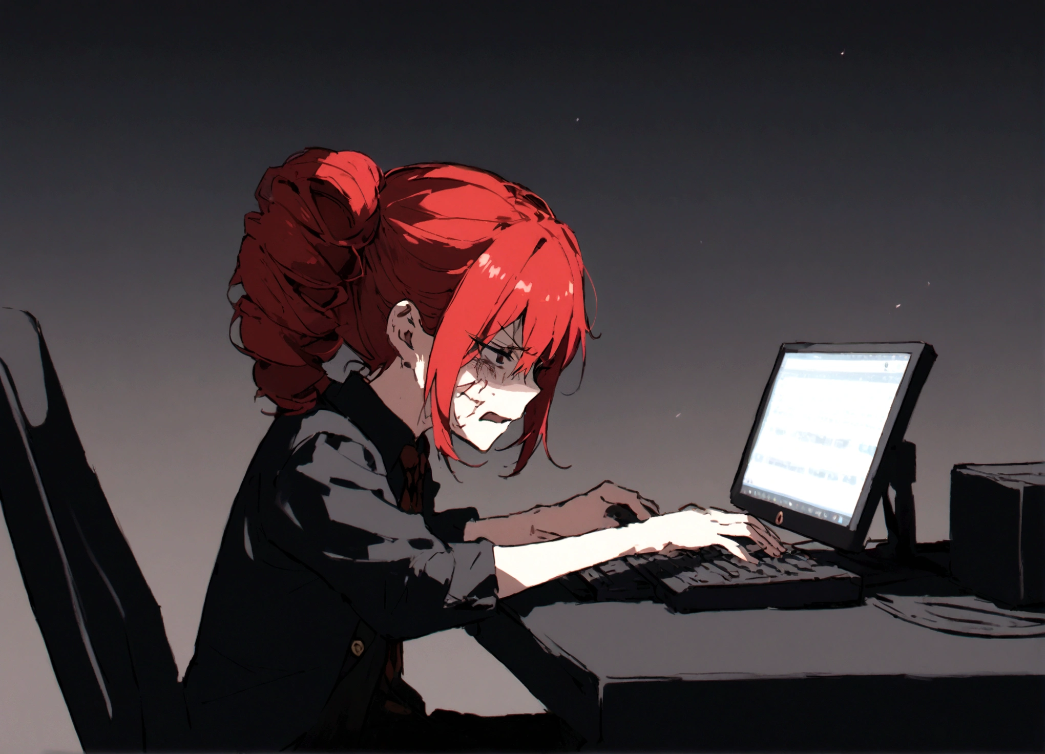 Red hair、Black Suit、Painful face、Sit in front of your computer、Typing