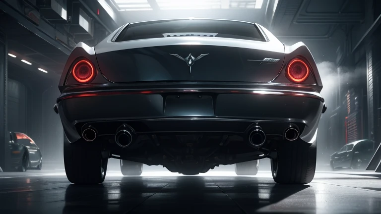 1960s luxury sedan, rear view, futuristic fantasy, epic sci-fi scene, intricate detailed design, glossy metallic body, glistening chrome accents, dramatic lighting, moody atmosphere, cinematic composition, photorealistic rendering, masterpiece, (best quality,8k,highres,masterpiece:1.2),ultra-detailed,(realistic,photorealistic,photo-realistic:1.37),cinematic lighting,dramatic shadows,volumetric fog,glowing energy field,gleaming chrome,aerodynamic body,intricate details,sleek and stylish