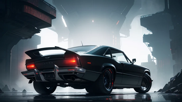 1960s luxury sedan, rear view, futuristic fantasy, epic sci-fi scene, intricate detailed design, glossy metallic body, glistening chrome accents, dramatic lighting, moody atmosphere, cinematic composition, photorealistic rendering, masterpiece, (best quality,8k,highres,masterpiece:1.2),ultra-detailed,(realistic,photorealistic,photo-realistic:1.37),cinematic lighting,dramatic shadows,volumetric fog,glowing energy field,gleaming chrome,aerodynamic body,intricate details,sleek and stylish