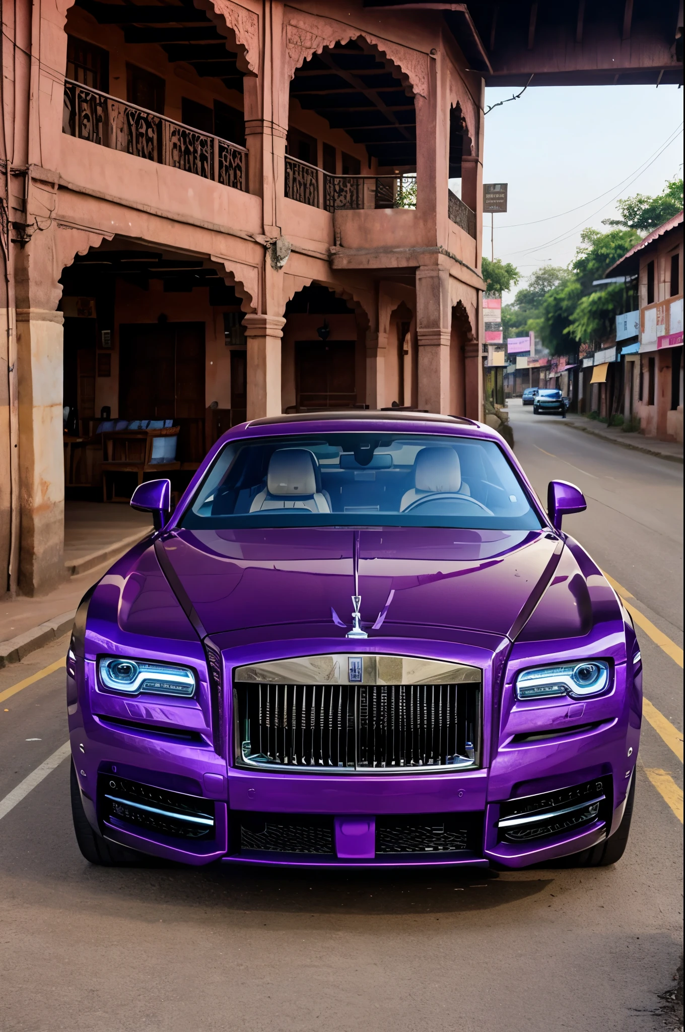 Village people staring at a Purple rolls royce spectre in a small town in india