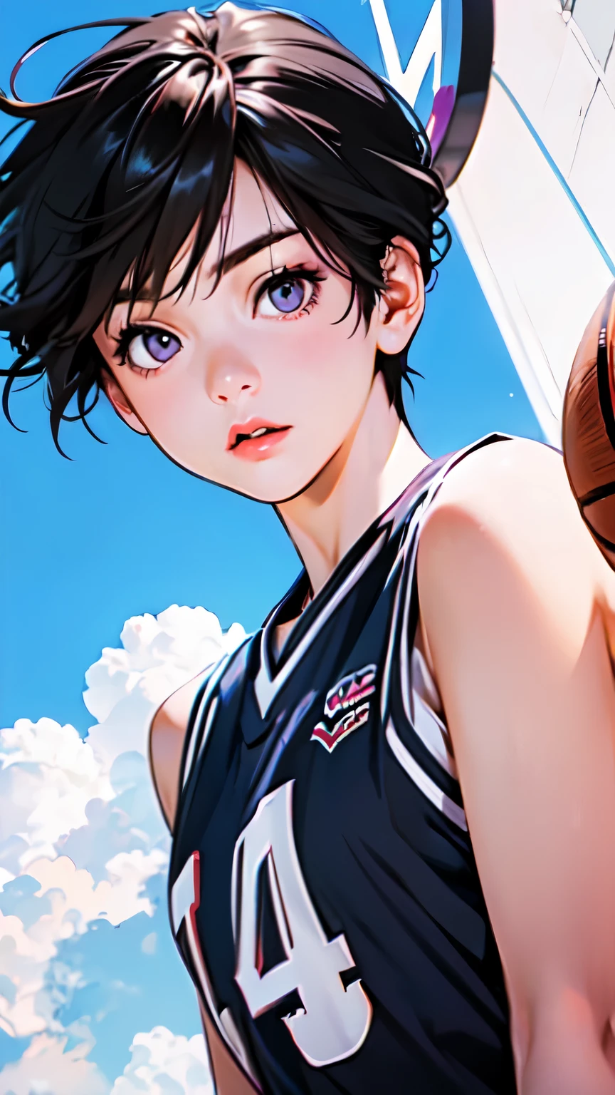 Slam Dunk female protagonist, fictional, dunk shot, basketball uniform, sense of speed, short black hair, detailed eyes, detailed face