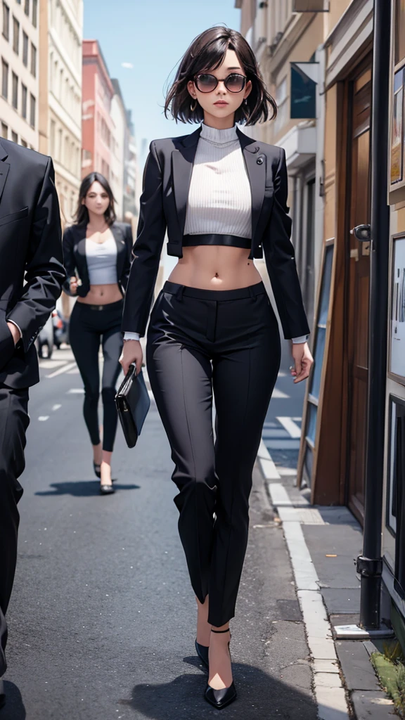 Women in Professional crop top, suit, pants, walking to work, show belly