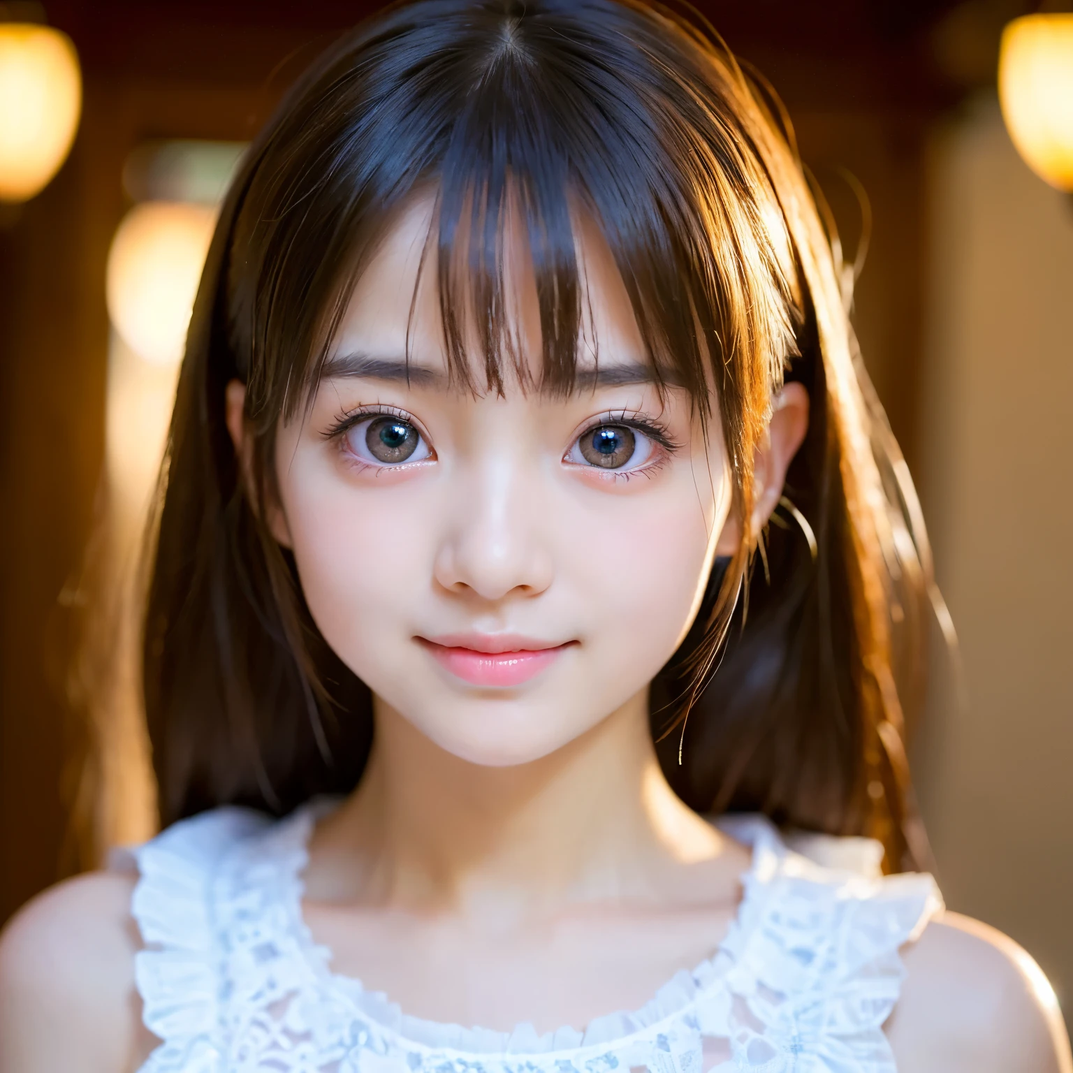 (Best-quality, Masterpiece, Ultra-High-Resolution, (Photorealistic:1.4), Raw Photo, depth of field, professional lighting, perfect anatomy, extremely details), 1girl, 15-years-old, the most famous Japanese idol, portrait, (((extremely cute and extremely realistic big-eyes))), (((extremely beautiful and extremely realistic skins))), innocent smile