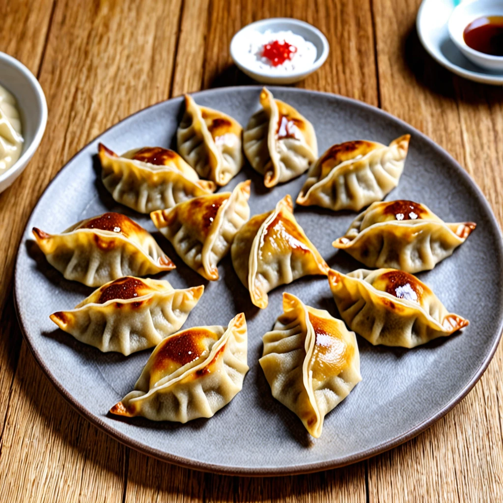 ((One side is brown and discoloured)).((Baked dumplings)),((crescent shaped gyoza:1.5))、((You can see the minced meat inside through the dough..))、These dumplings are made from wheat flour dough rolled out thinly and shaped into semicircular shapes..、