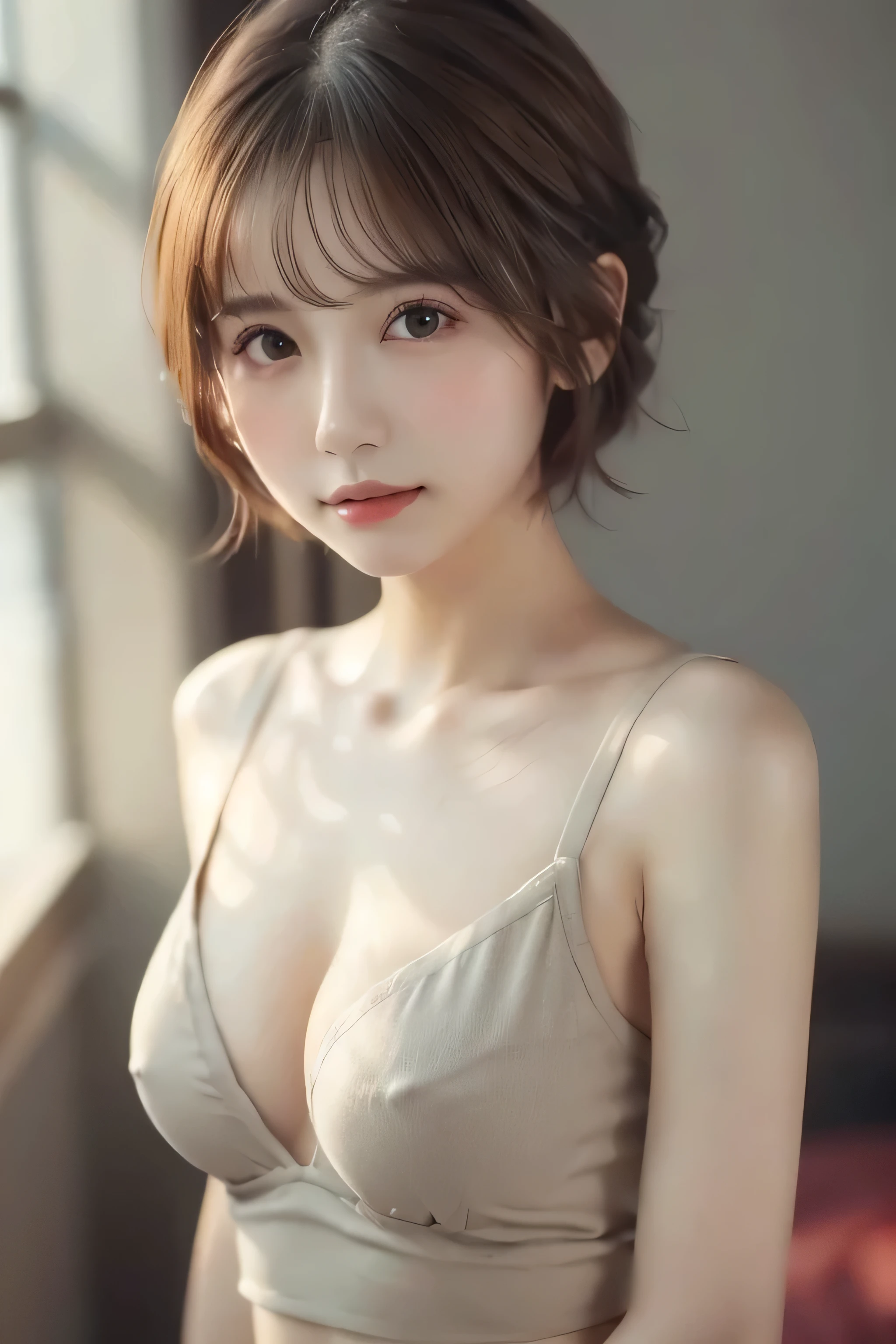 very small flat chest:1.2、(Showing small breasts:1.3)、Wearing makeup:1.3、Close-up of face:1.4、(((looking at the camera:1.4)))、{{masterpiece}}, {{highest quality}}, {{Very detailed}}, {{Small breasts}}, Cinematic Lighting,Beautiful and delicate shine, Dynamic Angle, Depth of written border, Light_leak, wonderful, Fine details, 4K, 8k,Japanese Idols, Brown hair short cut:1.3、, The background is a single grey color:1.3、, Dreamy look, Bright and warm tones, {Sexy pose}, (Large Breasts:1.5), (Slim Body:1.5),