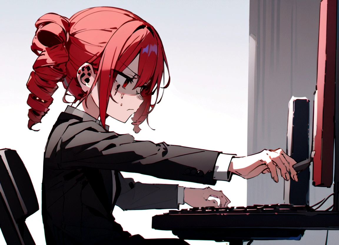 Red hair、Black Suit、Painful face、Sit in front of your computer、Typing