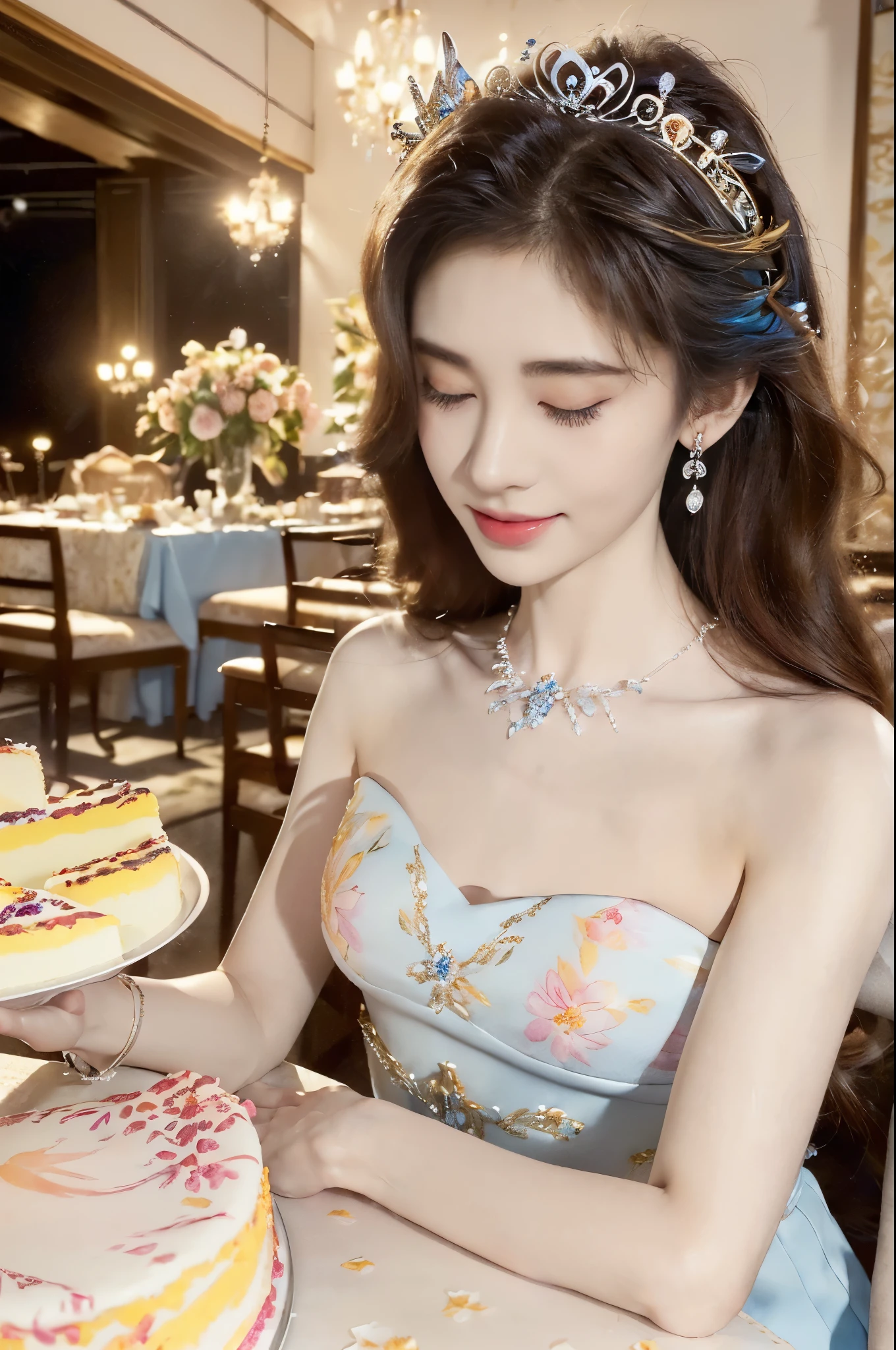 ((((8k))),((Extremely meticulous CG)) ,(wallpaper),16k,((Extremely refined and beautiful)),(((Masterpiece))),(((best qualtiy))),(((Ultra High Resolution))),beautiful light up,Perfect lightning,realistic shaded,((high resolution)),(Smooth and flawless fair skin:1.5),(pale skin:1.3),(Extremely exquisite facial details:1.2),(perfect body:1.1),(ultra-detailed),A beautiful girl,solo,(small head:1.2),(princess crown:1.2),(messy hair:1.2),(earrings:1.2),(small face:1.2),(Exquisite makeup:1.2),(blush:1.3),(small breasts:1.2),(flat chests:1.2),((slim,thin)),(laughing:1.2),(crystal necklace:1.2),(gorgeous blue floral dress:1.3),(night scene:1.5),(In a luxurious restaurant:1.3),(candlelight dinner:1.2),(detailed background:1.5),(Standing:1.3),(a cup of coffee),(a large fruits birthday cake on the table:1.3),(close-up of face:1.3),(from front:1.3),The scent of summer,Full of various cakes and pastries,sweet and warm atmosphere,(floral watercolor painting:1.3),(Super high saturation,bright and vivid colors:1.3), 