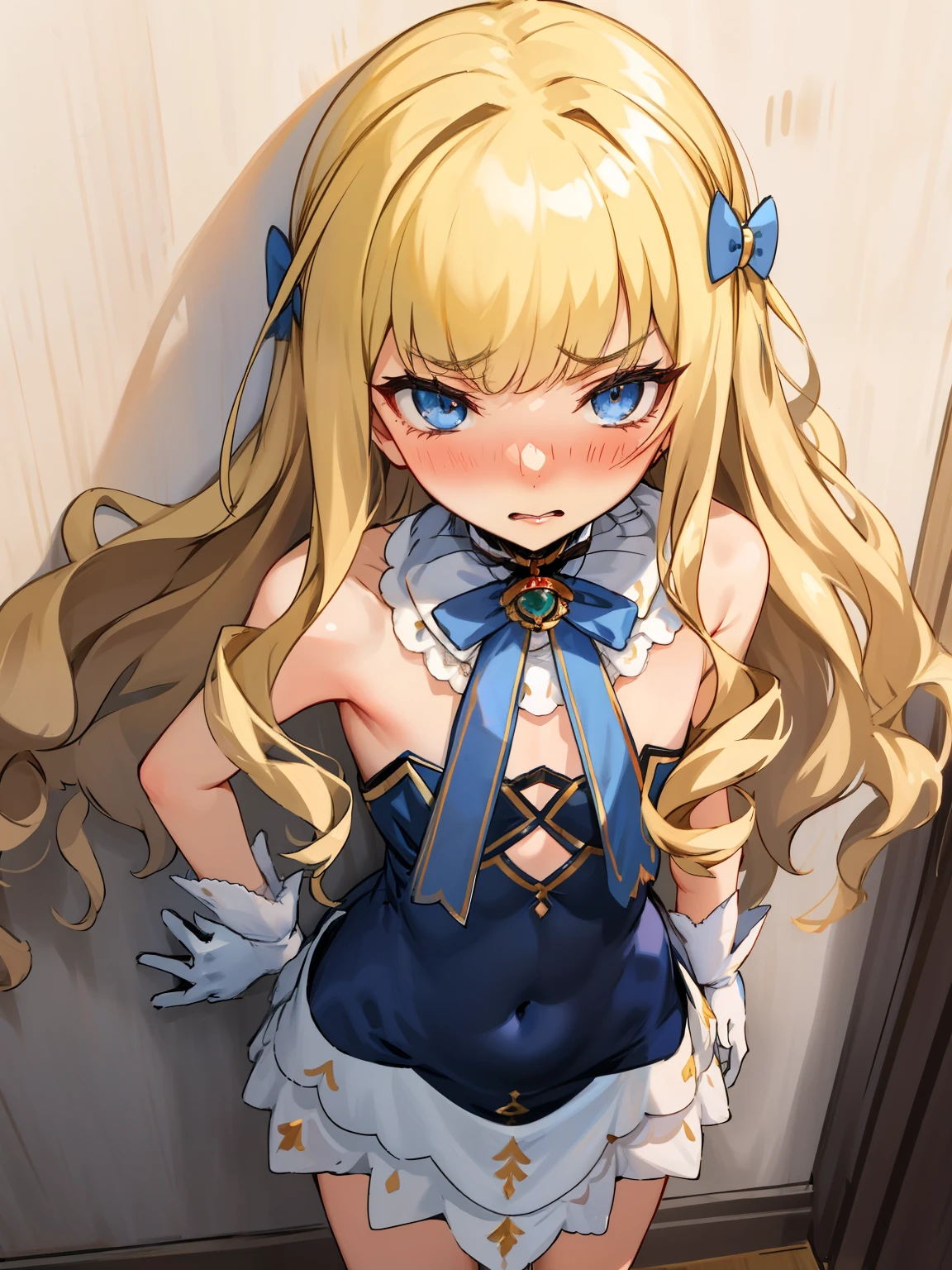 eqlc, 1girl, long hair, solo, evening dress(ornate dress), long dress, blonde hair, blue eyes, white gloves,lovely small breasts, flat chest, bow, bangs, covered navel, detached collar, a weary face,parted lips, nose blush, blush,facing viewer, looking at viewer, in the livingroom, wall, kabedon pov, kabedon against wall, standing, ,Sexy waist teasing, top view 