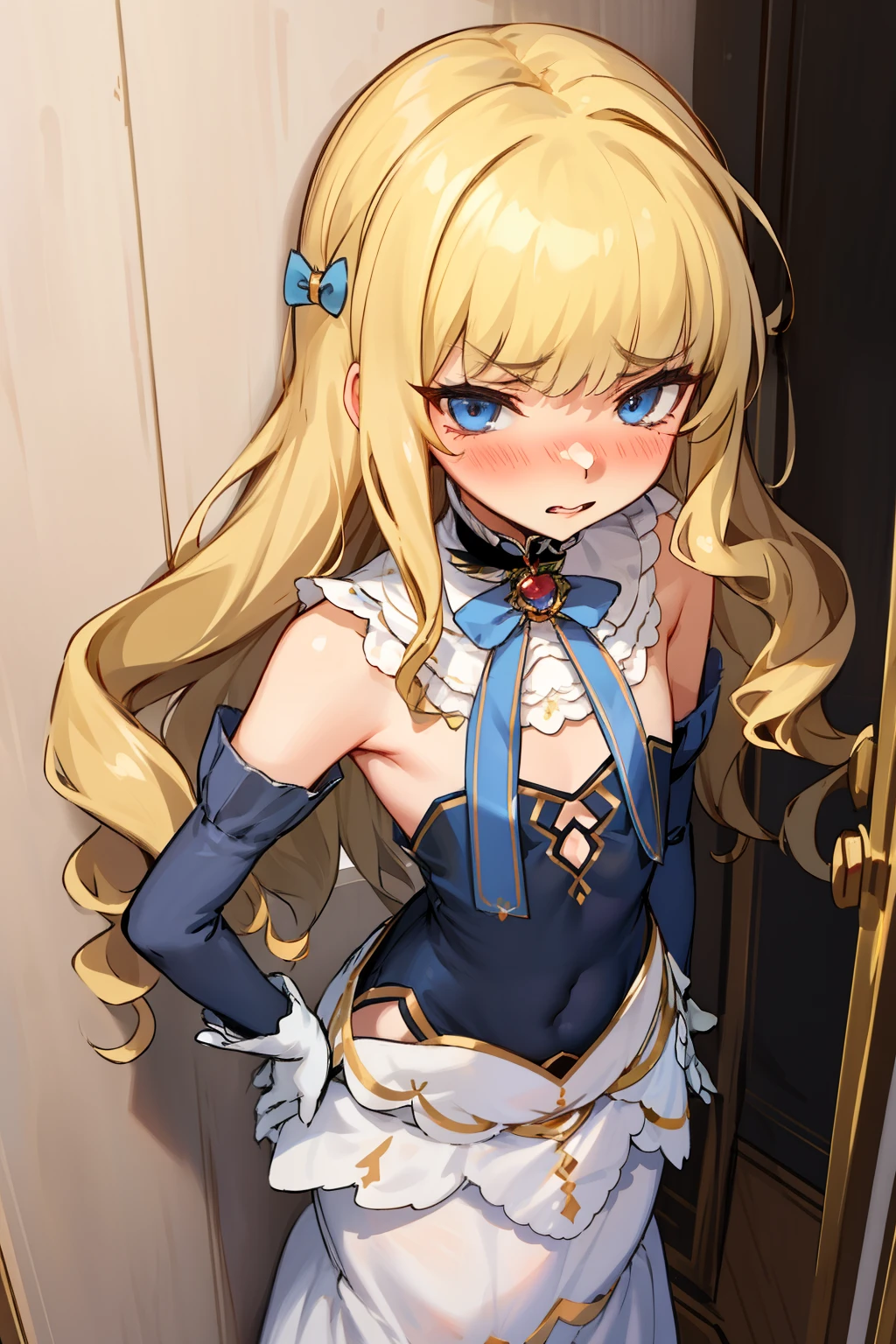 eqlc, 1girl, long hair, solo, evening dress(ornate dress), long dress, blonde hair, blue eyes, white gloves,lovely small breasts, flat chest, bow, bangs, covered navel, detached collar, a weary face,parted lips, nose blush, blush,facing viewer, looking at viewer, in the livingroom, wall, kabedon pov, kabedon against wall, standing, ,Sexy waist teasing,top view 