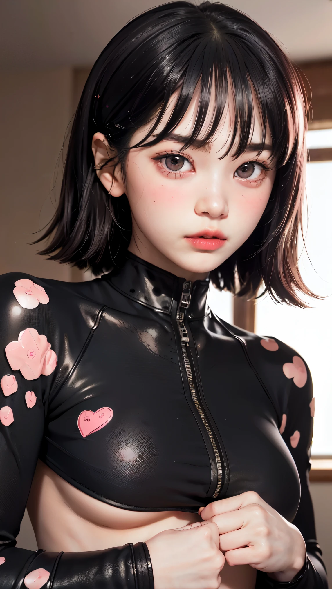 put hands cheek,(embarrassed face:1.4),(blush:1.4),reika\(gantz black suit\), (8k, best quality, masterpiece:1.2), (realistic, photo-realistic:1.37), large breasts,ultra-detailed, 1 girl,cute, solo, sad, beautiful face, black eyes,in room,looking at viewer