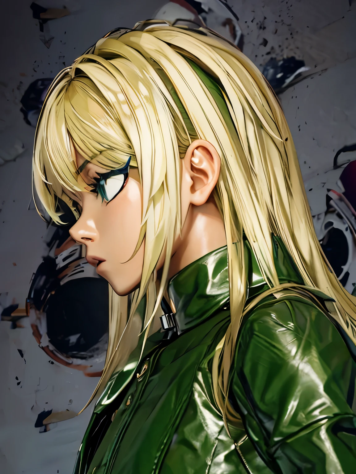 From the side、Korean、1 girl、blonde、amount、Green Leather Shirt、Raise your collar、face、