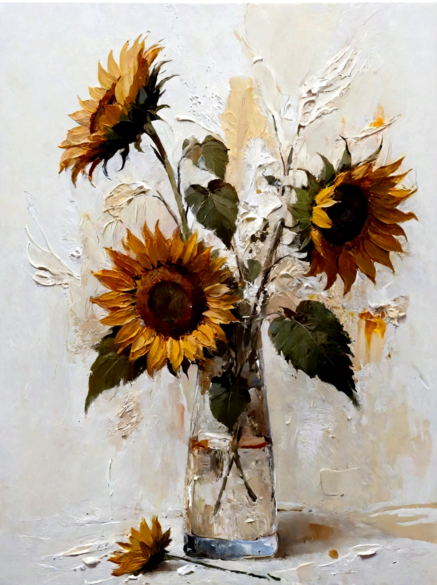 vase，sunflower，Small flowers，Flowers，bright，White background，vanilla，cream，whiskey，Abstract Art，emotion，emotion，Thick textured paint, 