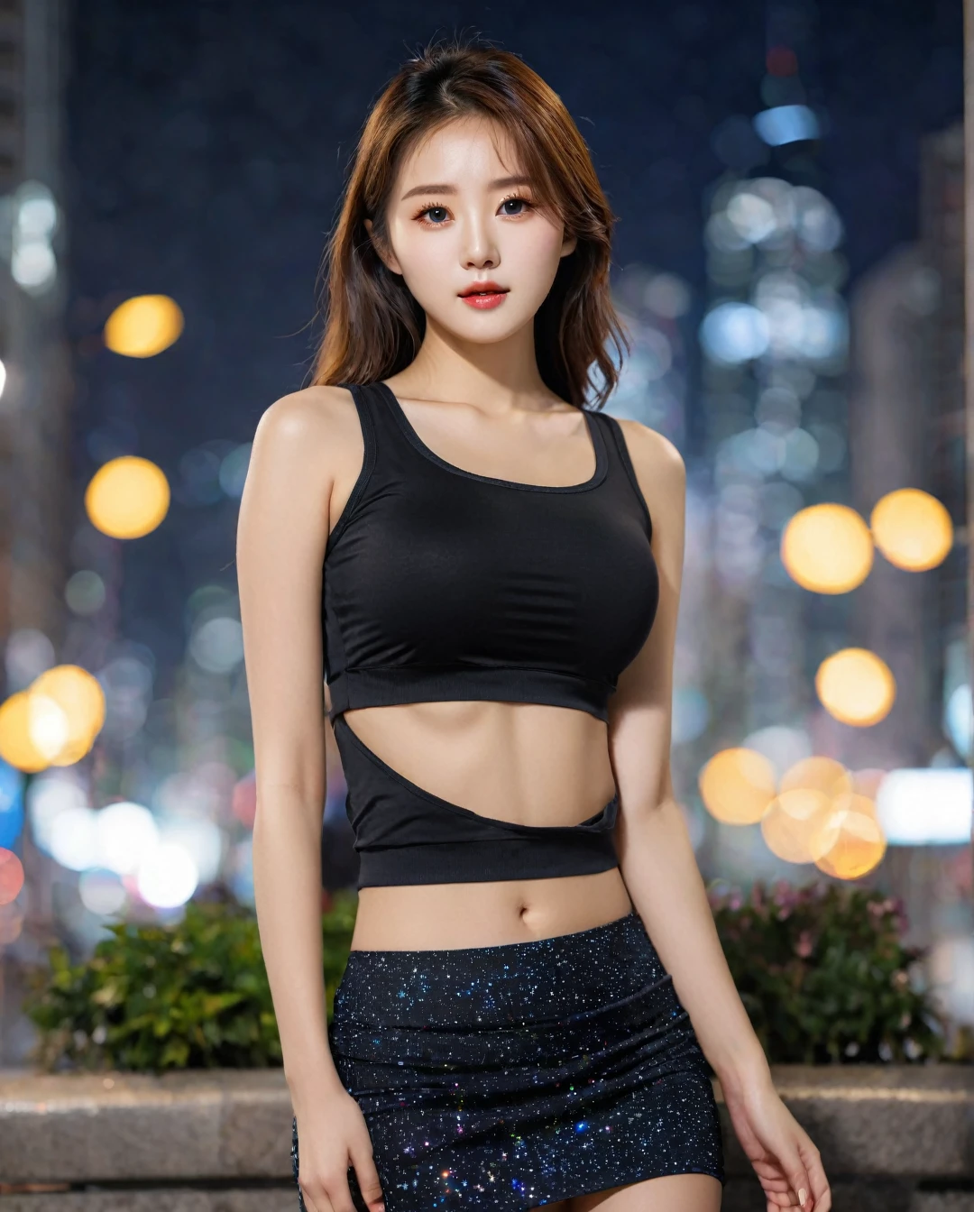 Full body of beautiful korean female, 34 inch breasts size, wearing crop tank top, and tight skirt, in the night city, bokeh background, UHD