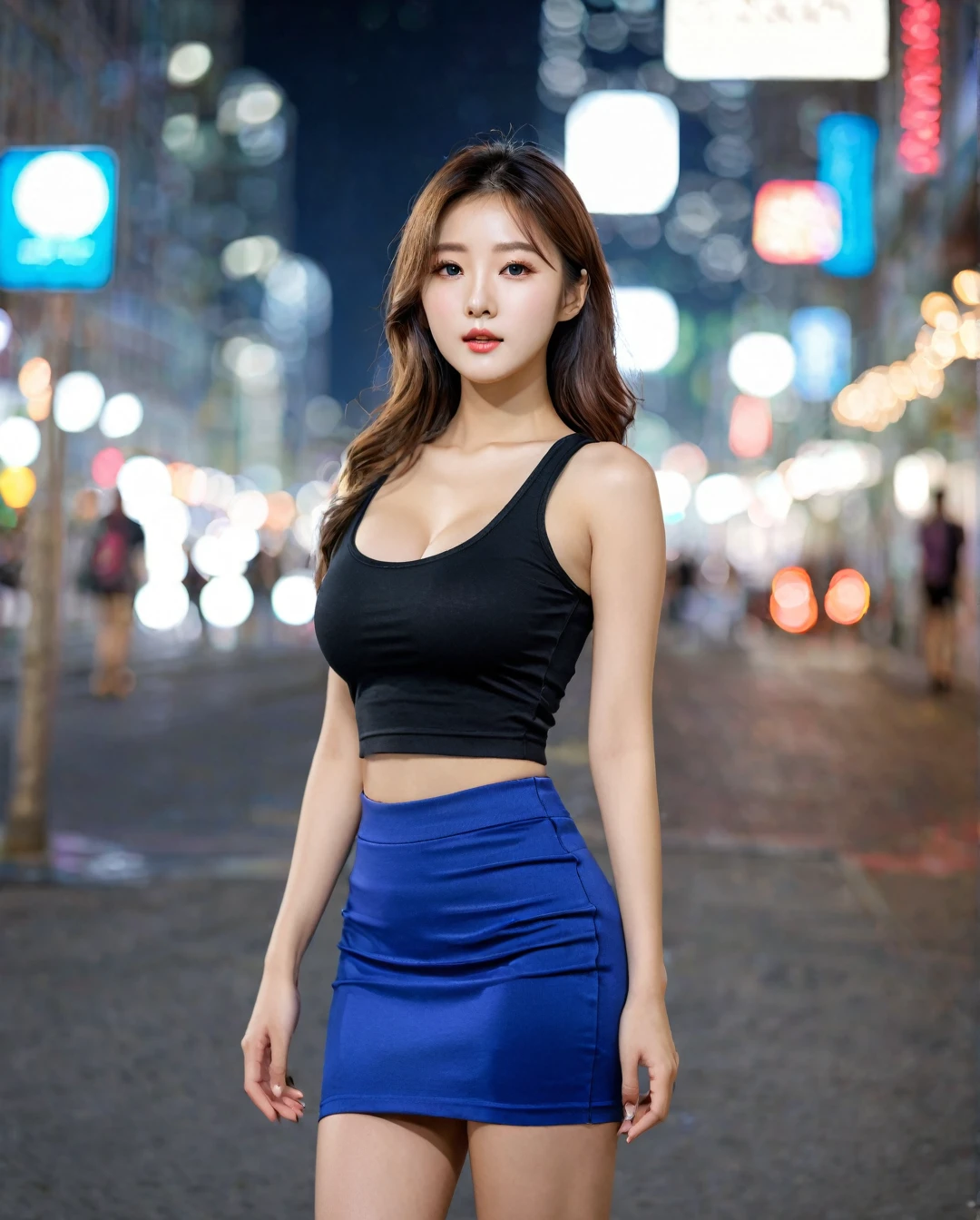 Full body of beautiful korean female, 34 inch breasts size, wearing crop tank top, and tight skirt, in the night city, bokeh background, UHD