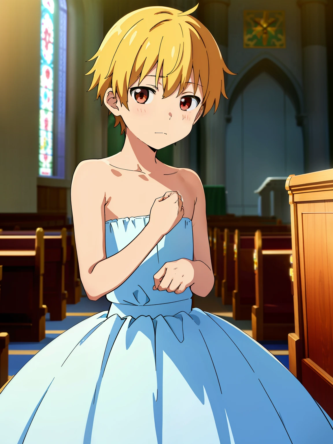 Anime style, Highres, Masterpiece, Best quality at best,High-quality illustrations, Best Quality,hight quality, hight detailed, Depth field, Anime screencap style, 1boy, Boy, Shota, Solo person, Inside a church, Style of wedd00ing, cute face, adorable boy, Libido boy, Cheerful boy, Strapless dress, Body, Seen from front, boy focus, Uhd, 4k