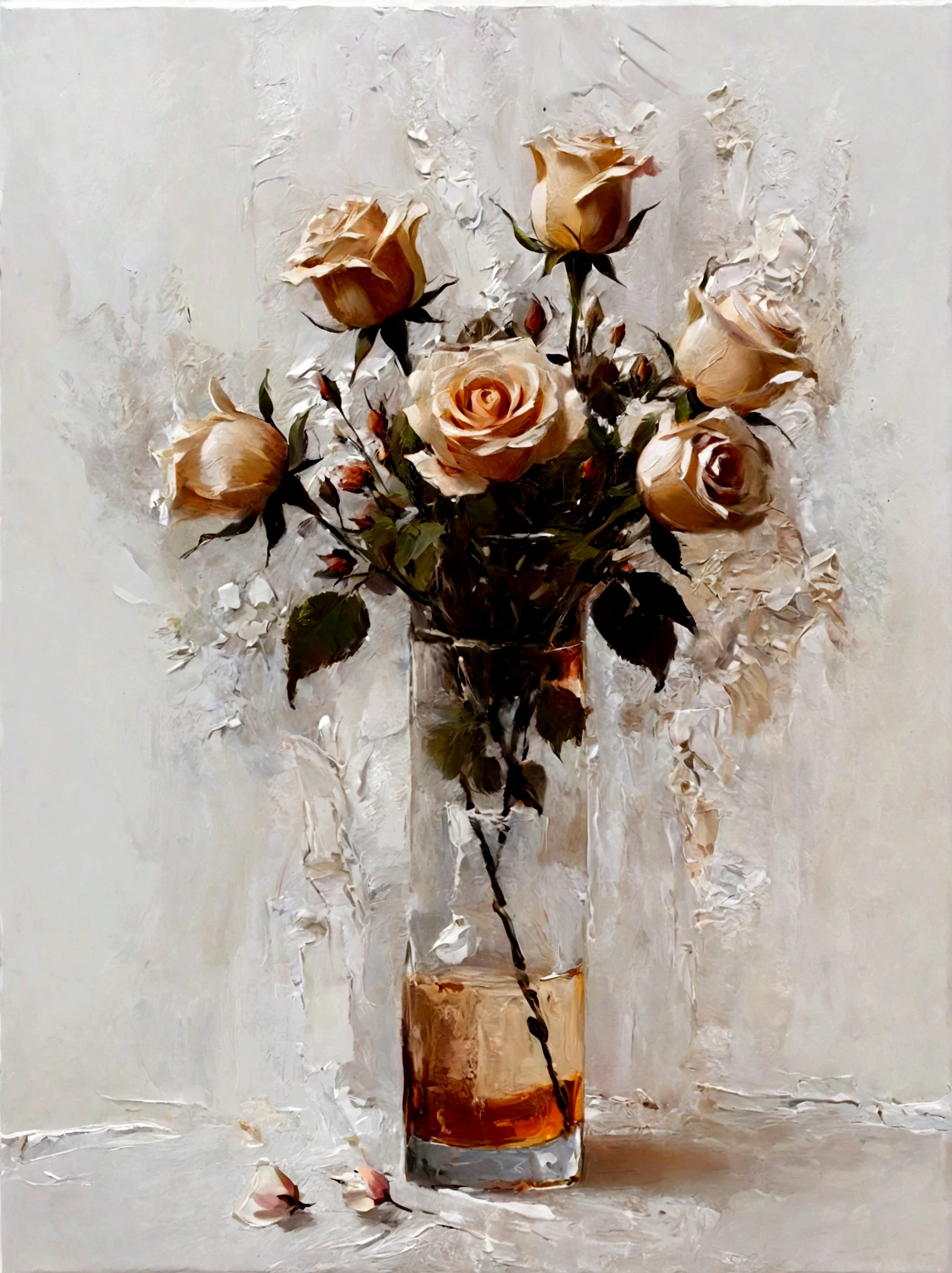 vase,Rose,Small flowers,Flowers,White background,vanilla,cream,whiskey,Abstract Art,emotion,emotion,Thick textured paint,