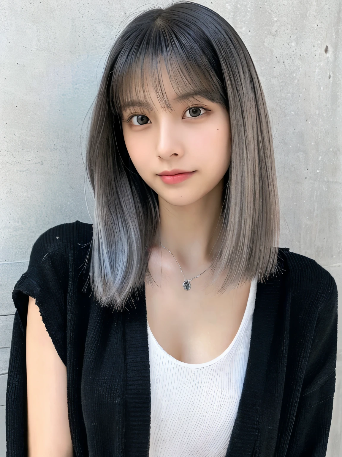 (Very realistic photos, concentrated、High resolution, Detailed face, Detailed Hair,Fine grain), ((Wall background))、Japanese women, 20-year-old, Various expressions, Upper Body、alone:1, Slim figure,((Wearing a black cardigan))、Only one person is in the photo、Simple Necklace、(Medium Hair)((silver inner hair:1.2))