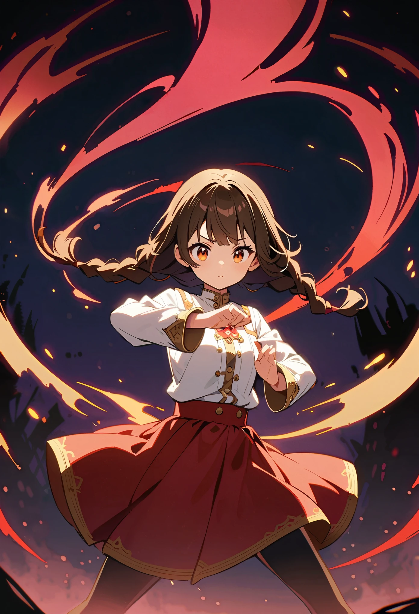 An anime girl wearing a red skirt and black，She has brown hair and eyes。Her hair was tied into two small braids.，And wearing red flower ornaments on the ears。She wears a white blouse，It has gold buttons and pink cuffs.。Karate stance，Black smoke and a huge black monster are emitted from the top and around。Maiden fights monsters，The right hand，night，Star，Faint light，Clean and tidy style